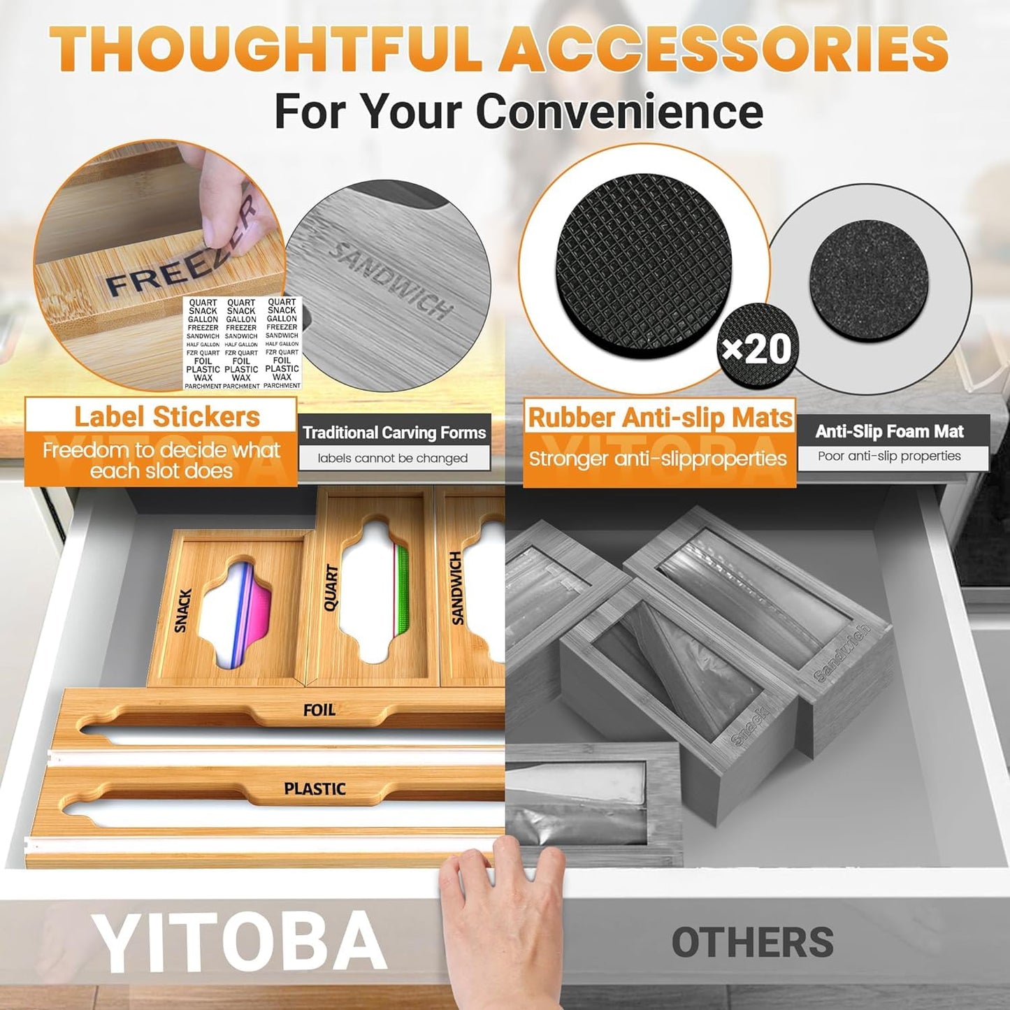 YITOBA 6 In 1 Bag Storage Organizer With Foil and Plastic Wrap Dispenser, Extended Aluminum Foil Holder, Bamboo Baggie Drawer for Gallon, Quart, Snack