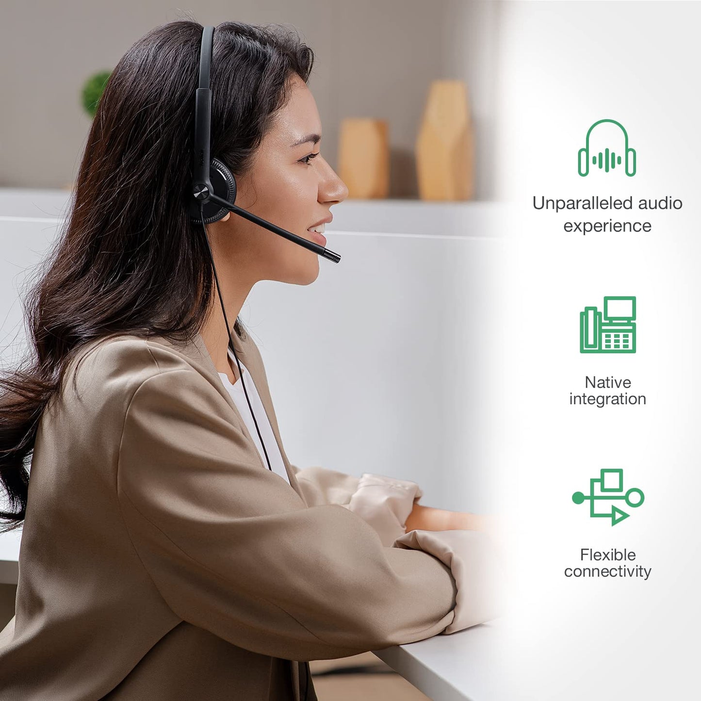 Yealink Phone Headsets for Office Phones YHS34 Lite QD to RJ9 Wired Headset Compatible with Poly Avaya Snom Grandstream Phones Desk Landline Headset with Microphone -Dual/111g/2.1m Cable