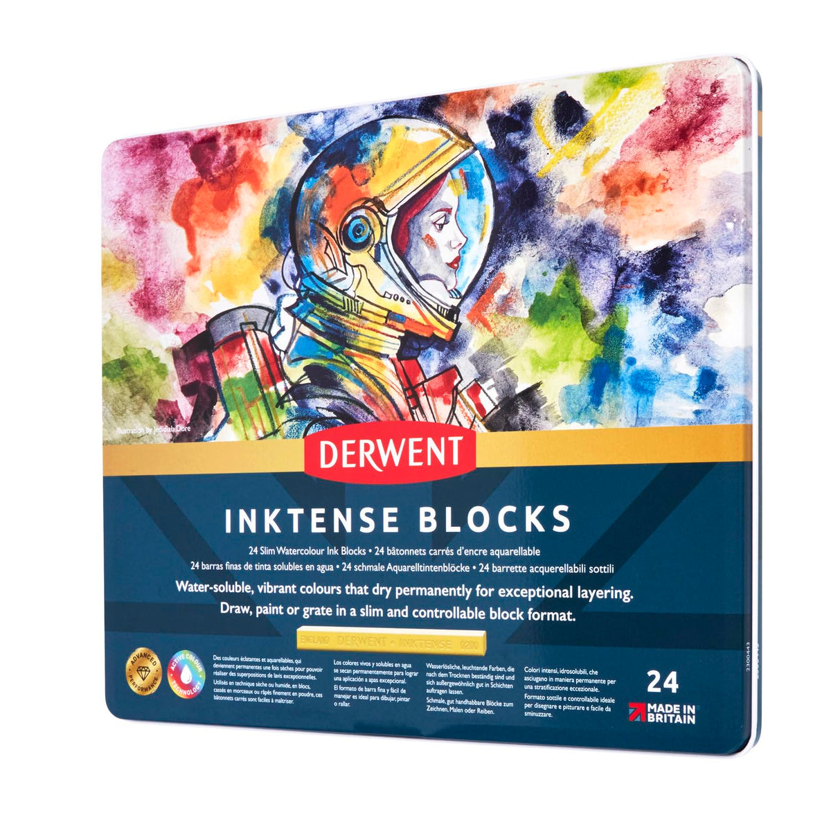 Derwent Inktense Blocks 24 Tin, Set of 24, 8mm Block, Soft Texture, Watersoluble, Ideal for Watercolour, Drawing, colouring, Crafts and Painting on Paper and Fabric, Professional Quality (2300443)