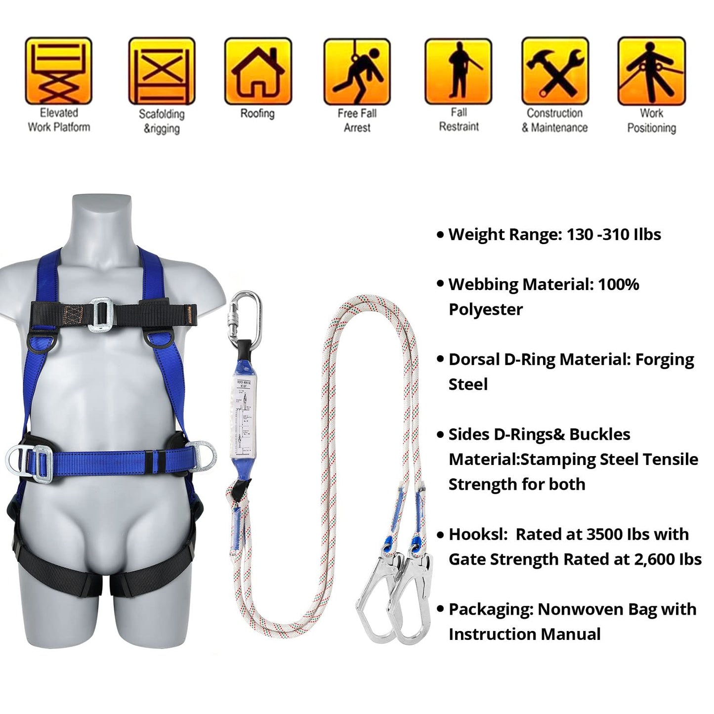 Safety Harness Fall Protection Kit: Full Body Roofing harnesses with Shock Absorbing Lanyard - Updated Comfortable Waist Pad