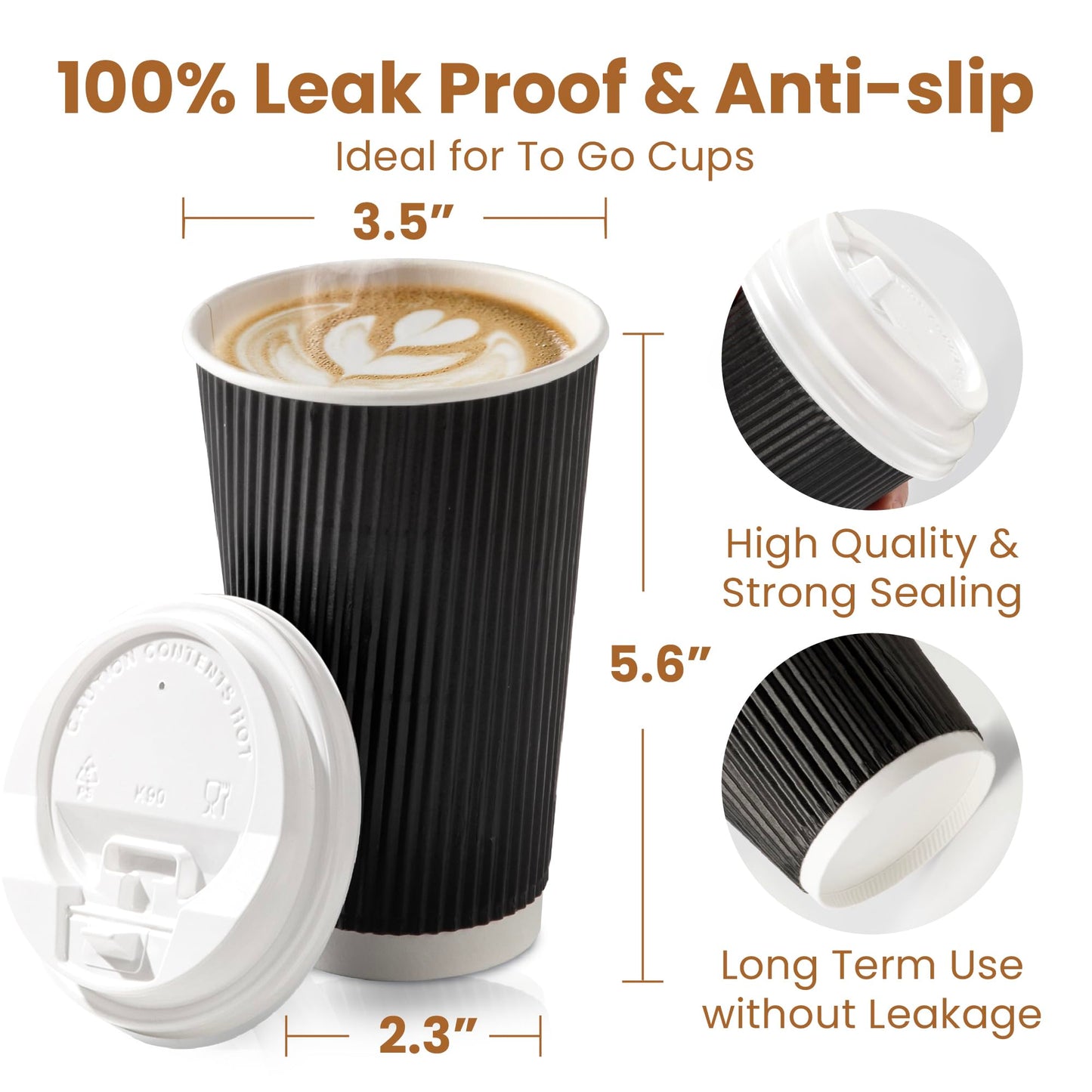 Fit Meal Prep 50 Pack 16 oz Black Disposable Coffee Cups with Lids, Corrugated Triple Wall To Go Hot Cups, Insulated Paper Coffee Cups for Hot Beverages, Travel, Home, Office (White Lids)