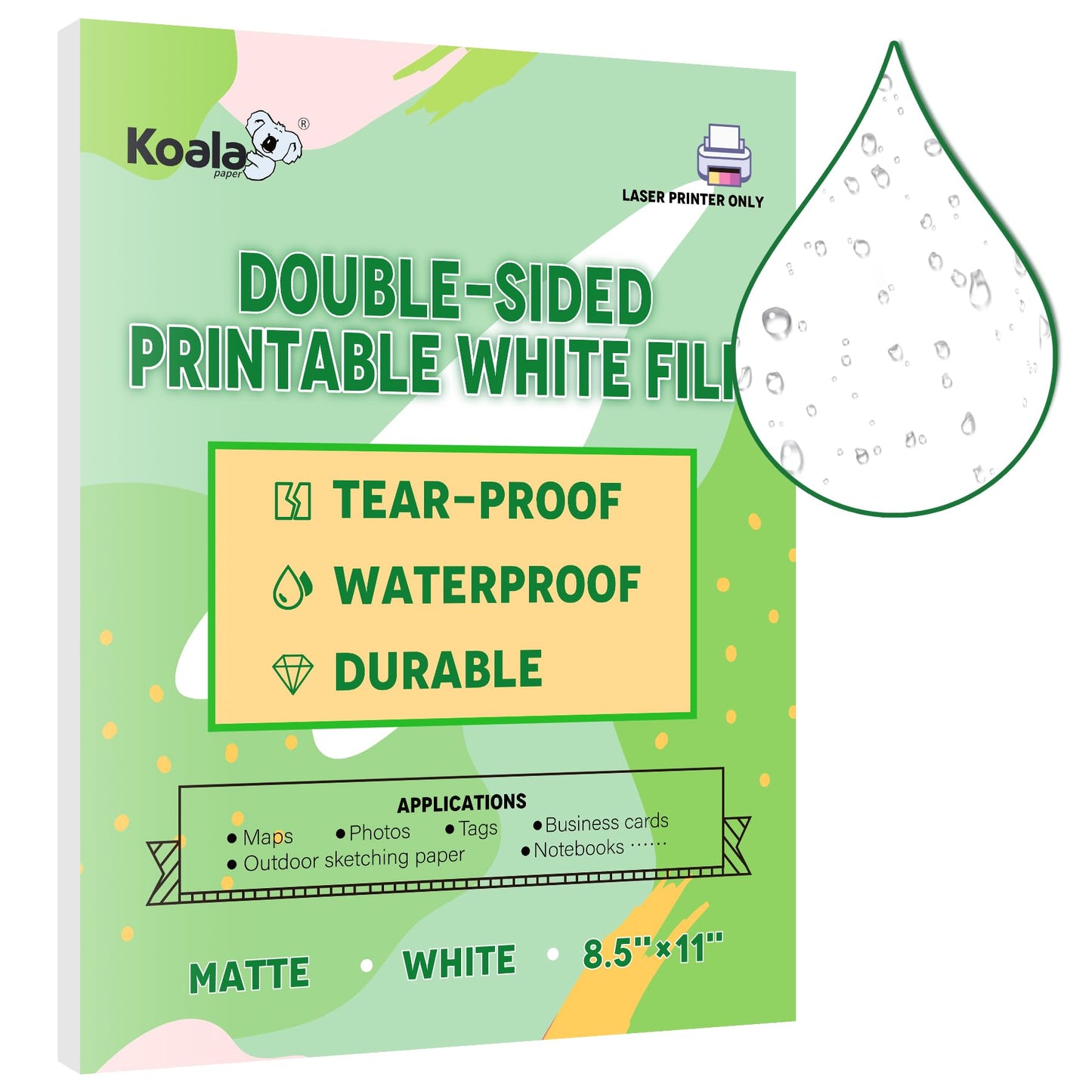 Koala Waterproof Paper for Laser Printer, Tearproof Printer Paper, Matte Double Sided Printable White Film 8.5x11 in 60 Sheets for Printing Backpacking Maps