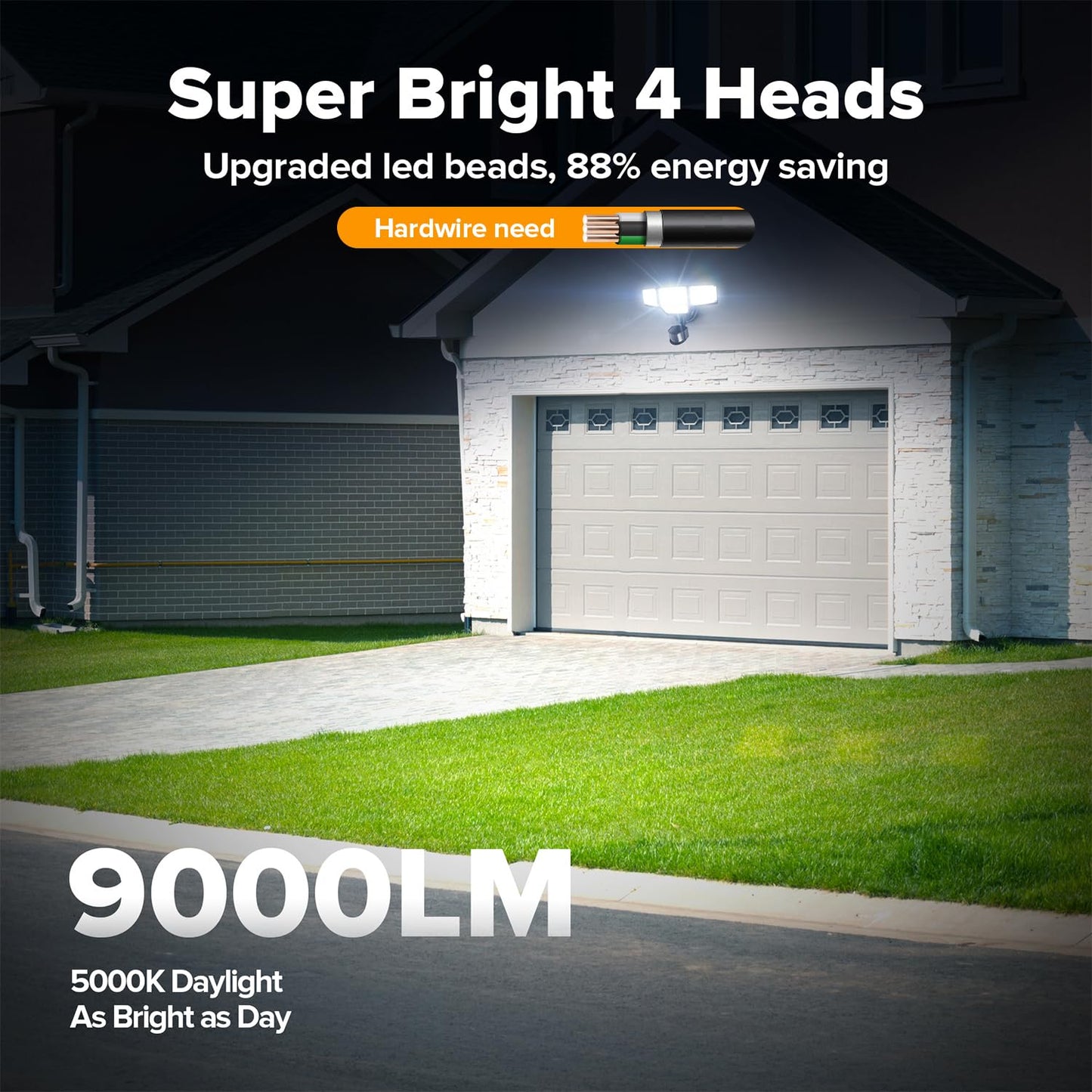 LUTEC 80W 9000LM LED Security Lights Motion Sensor Outdoor Lights, 4 Head LED Flood Lights Outdoor 5000K Daylight, IP65 Waterproof, Motion Detected Lights for Outside, House, Garage, Yard (Black)