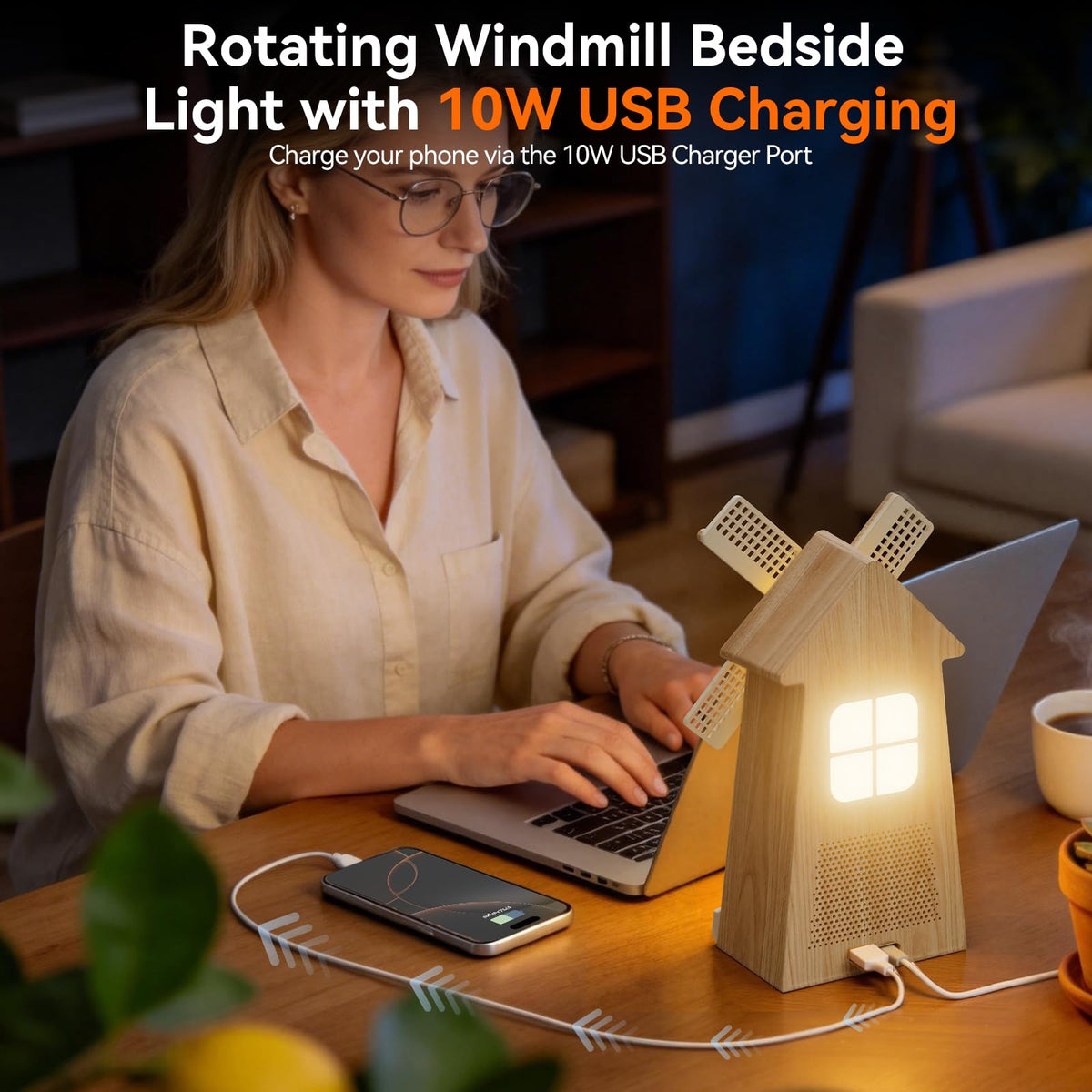 RETEYUNG Alarm Clock with Rotating Windmill,Sound Machine with Wake up Light,Snooze,10 Nature Sounds & 10 White Noises,15 Ringtones,USB Charging,4-Tier Dimmer,12 Volume,30/60/90 Timer for Kids Adults
