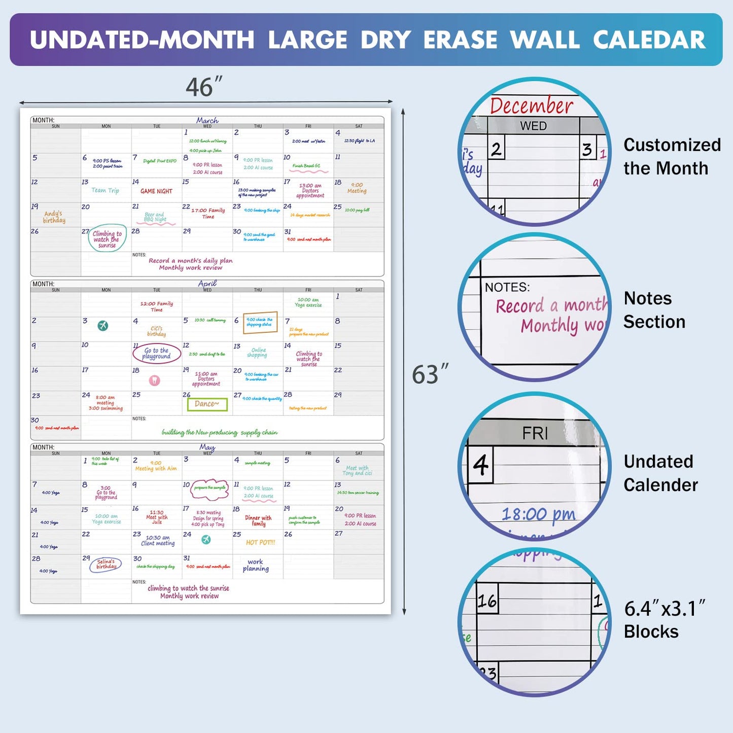 Dry Erase Vertical Three Month Laminated jumbo Wall Calendar, 46" x 63", Huge quarterly Laminated Erasable White Board, Giant 90 day Family Whiteboard Schedule Planner, Large Multi Month Reusable Poster…
