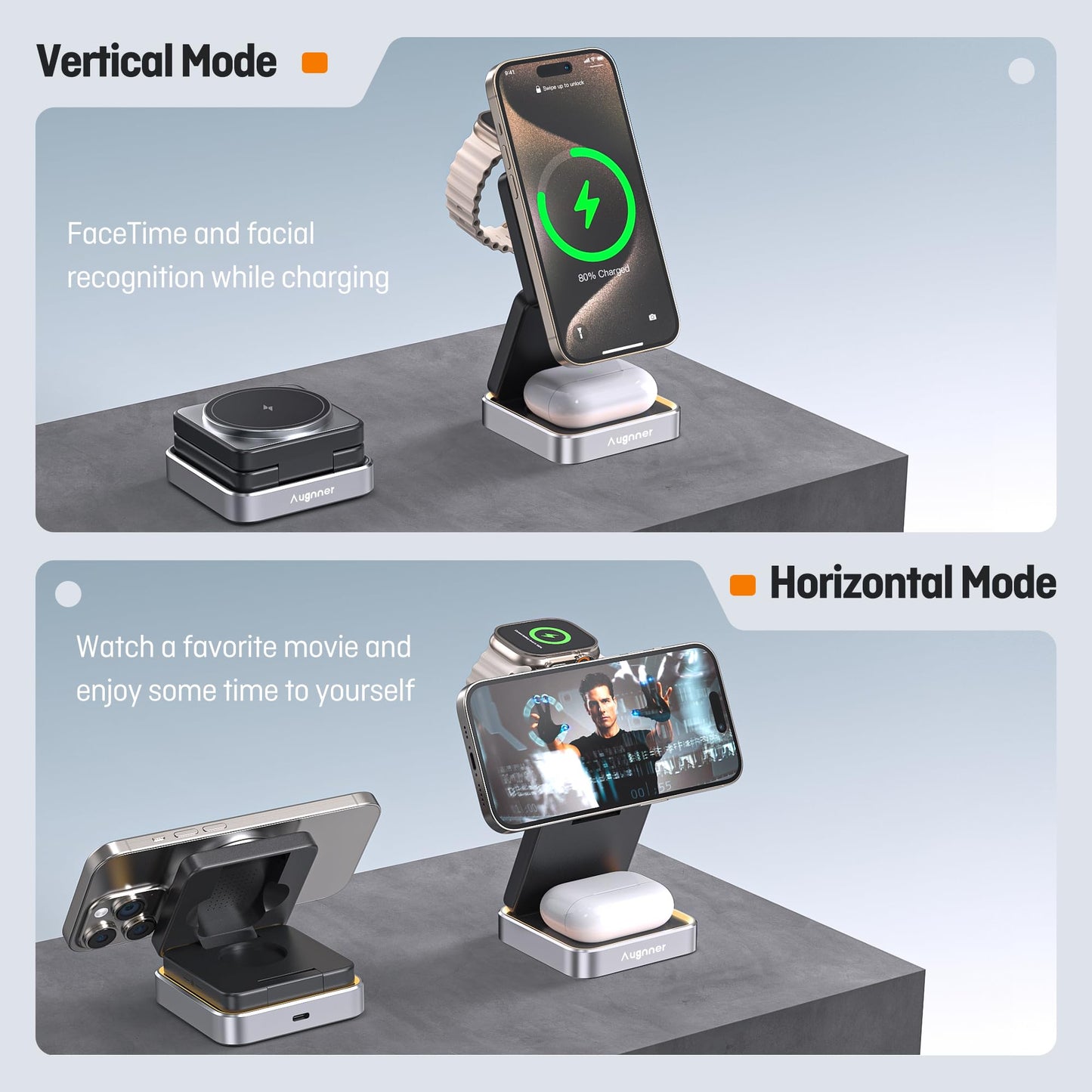 2025 Upgraded Wireless Charger 3 in 1, 15W Fast Foldable Wireless Charging Station with Light for Apple MagSafe, Compatible for iPhone 17/16/15/14/13/12 Apple Watch AirPods 3/2/Pro (20W Adapter)