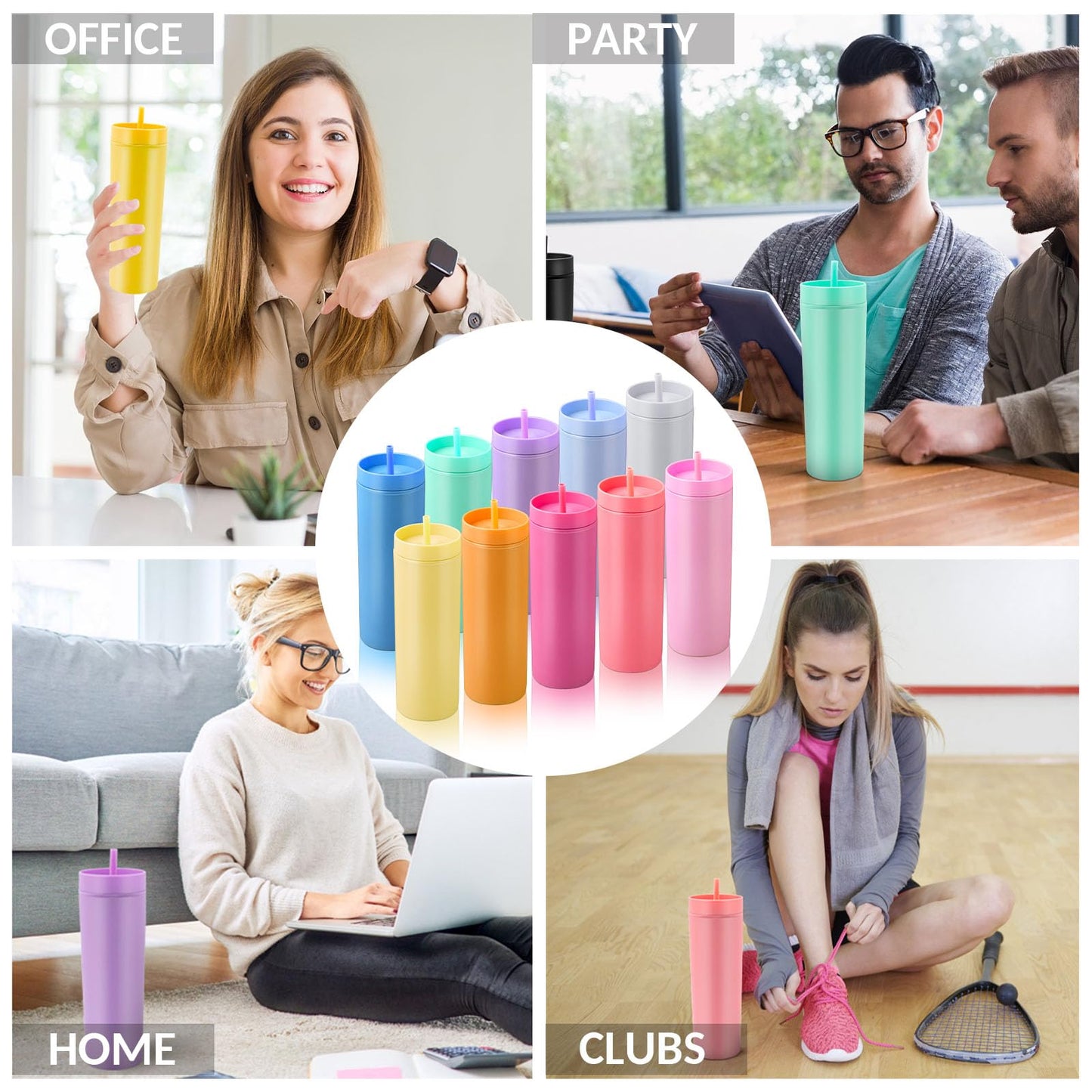 10 Pieces Skinny Tumbler Cups with Lids and Straws, Matte Pastel Colored Acrylic Tumblers Set, Reusable Double Wall Plastic Mugs Cold Hot Drinks Water Bottles for Vinyl DIY Presents, 16 oz