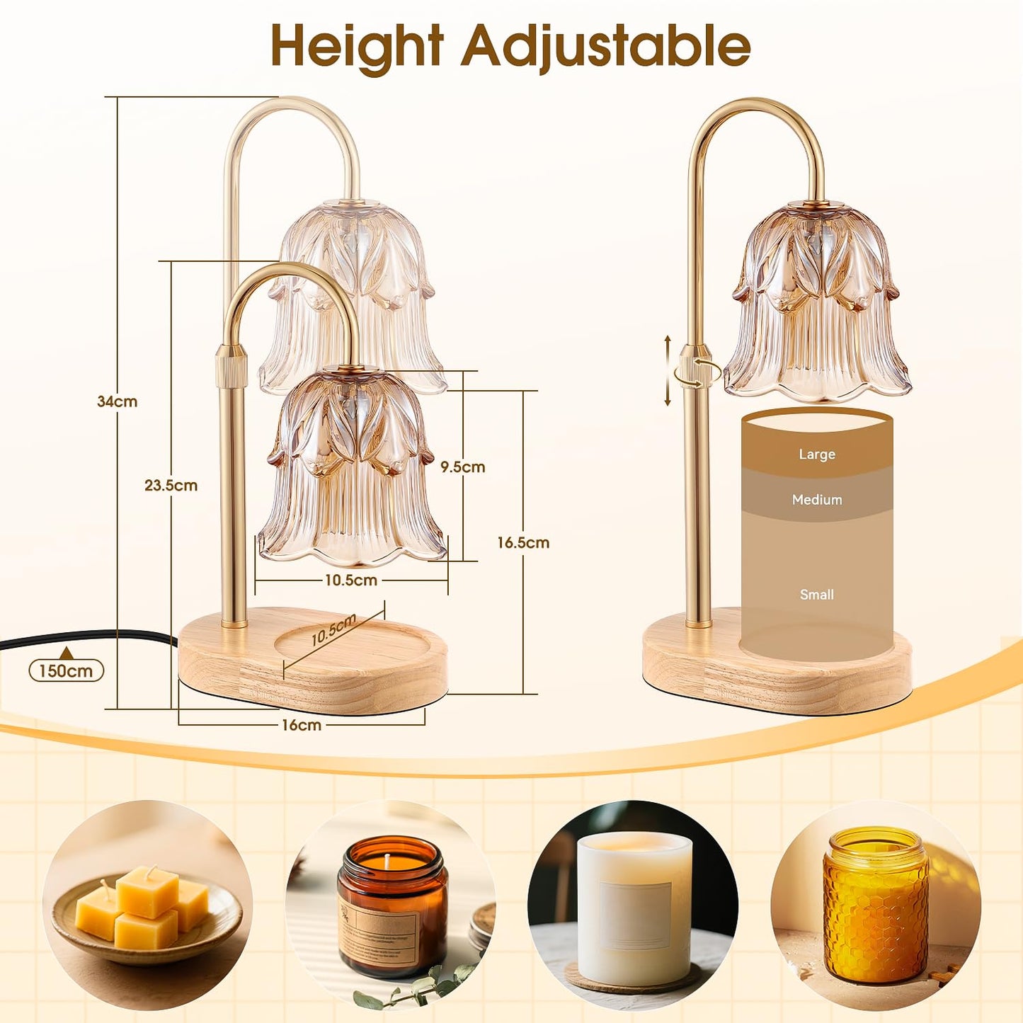 Candle Warmer Lamp with Timer - Adjustable Height Electric Candle Warmer Lamp with Dimmer, Flower Glass Shade Wax Melt Warmer with Wood Base, Dimmable Halogen Candle Warmer for Jar Candles Home Decor