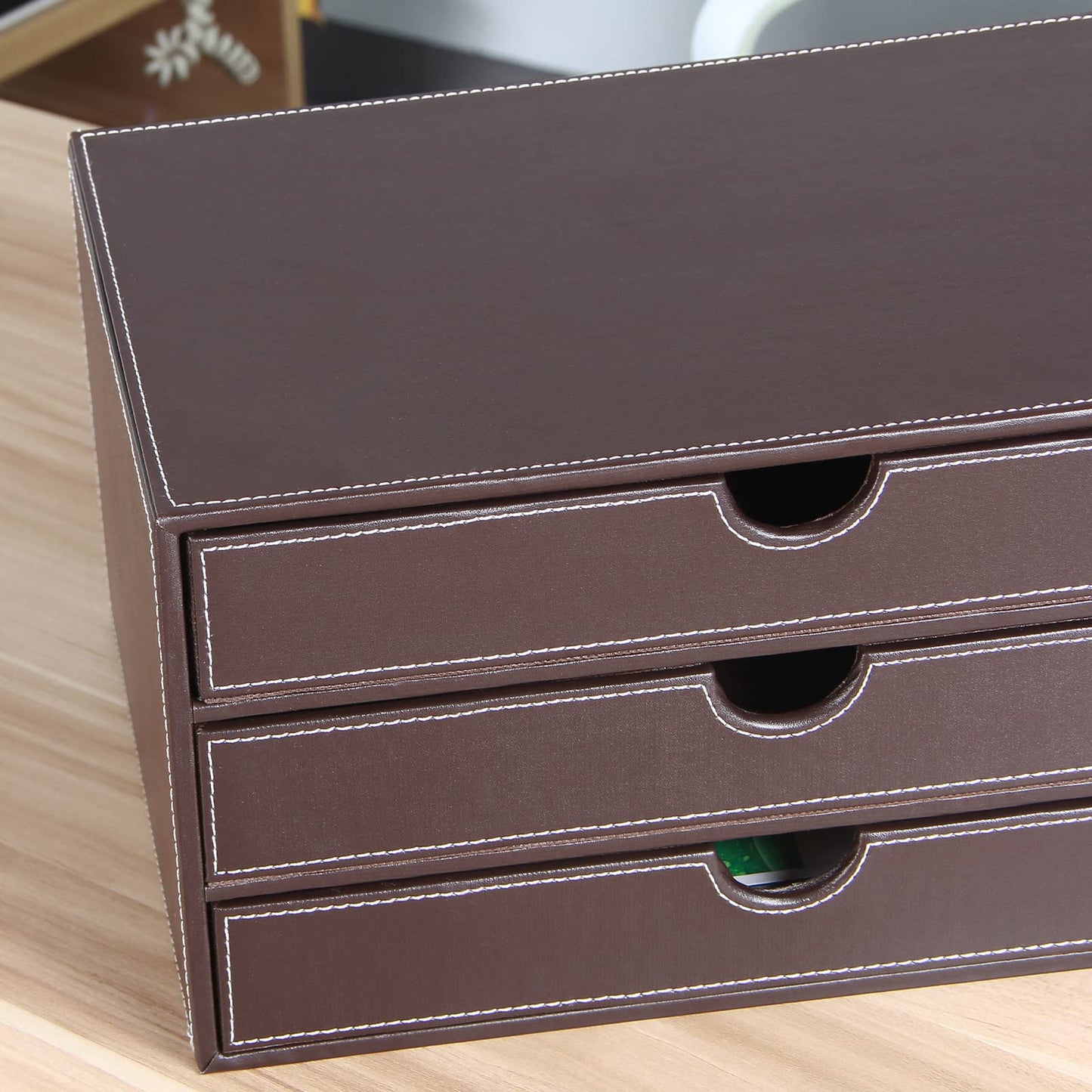 Faux Leather Desk Organizer with3 Drawers Executive Office Supplies Desktop Filing A4 File Cabinet/Holder,Stackable Storage Box for Jewelry/Bill/Paper/Documents/Makeup Home Decor Accessories(Brown)