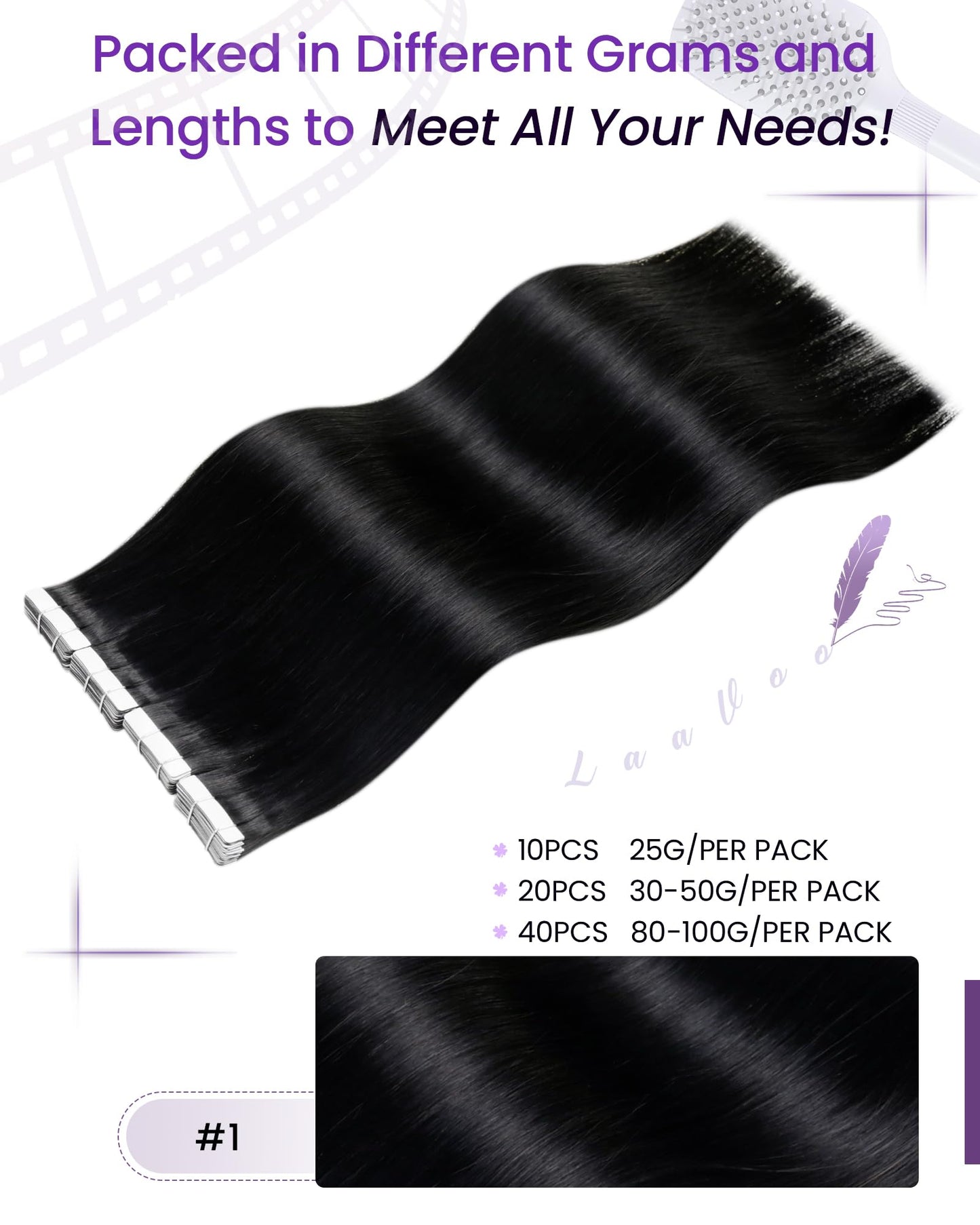 LaaVoo Tape in Hair Extensions Black Human Hair Tape in Extensions 20 Inch Jet Black Hair Extensions Real Human Hair Tape in Silky Straight Tape Extensions Human Hair 20pcs 50g