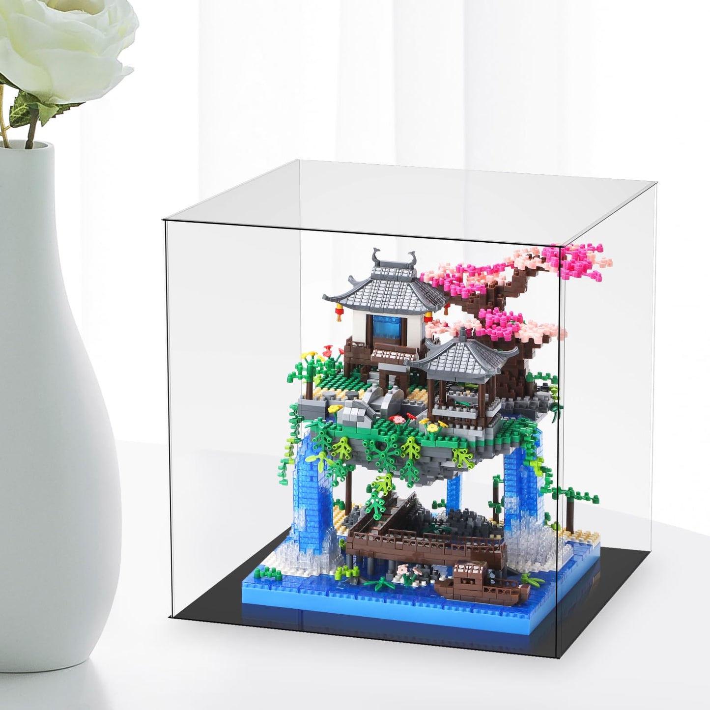 CAXIMSY Cherry Blossom Bonsai Tree House Building Block Sets with Acrylic Display Cover 3320PCS Chinese Architecture of Peach Blossom Micro Mini Building Set Toy Gift for Kids Adults