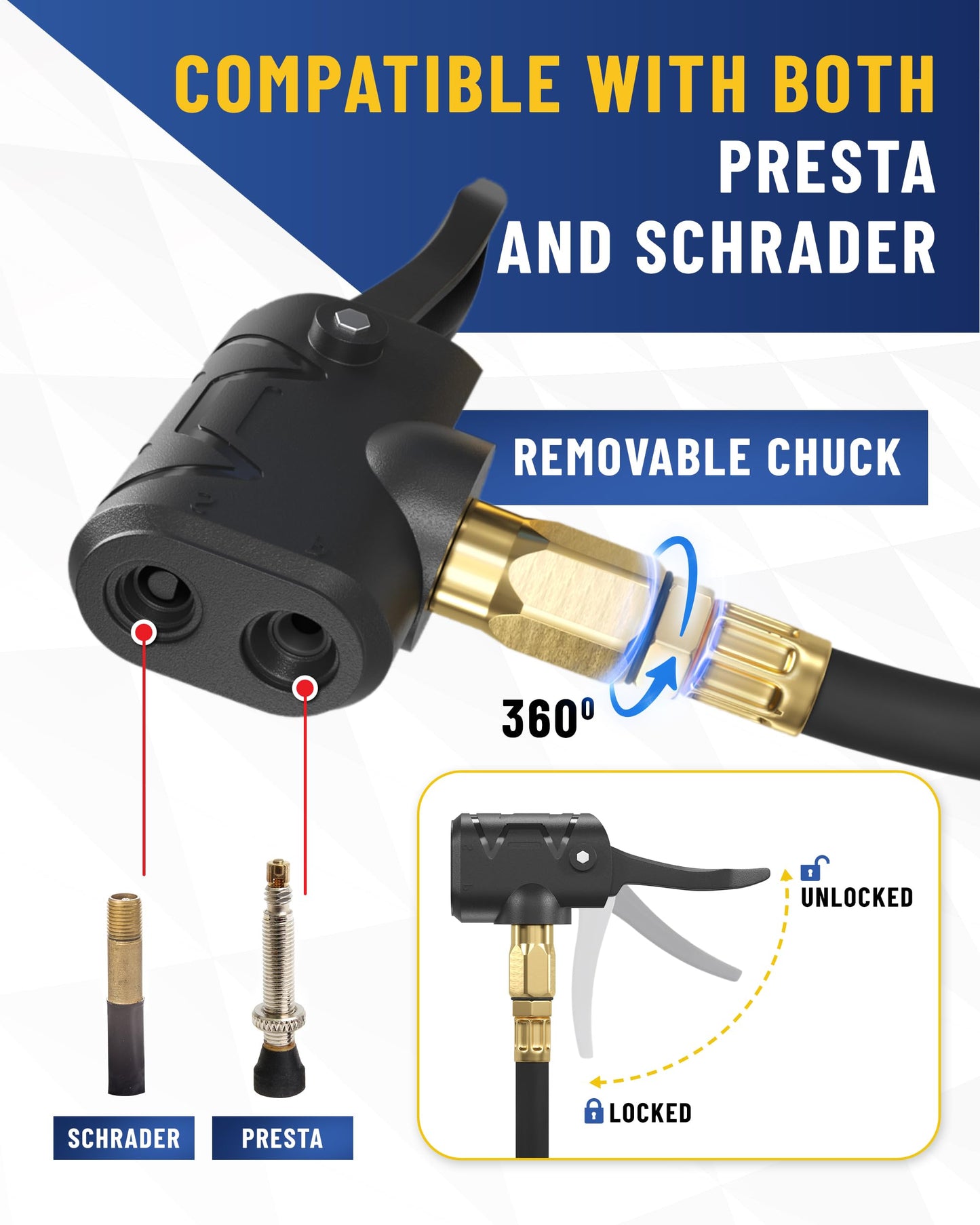 Presta Valve Adapter Pump with Removable Schrader to Presta Valve Air Chuck – Accurate Bike Tire Inflator & Pressure Gauge for Air Compressor, 100 PSI