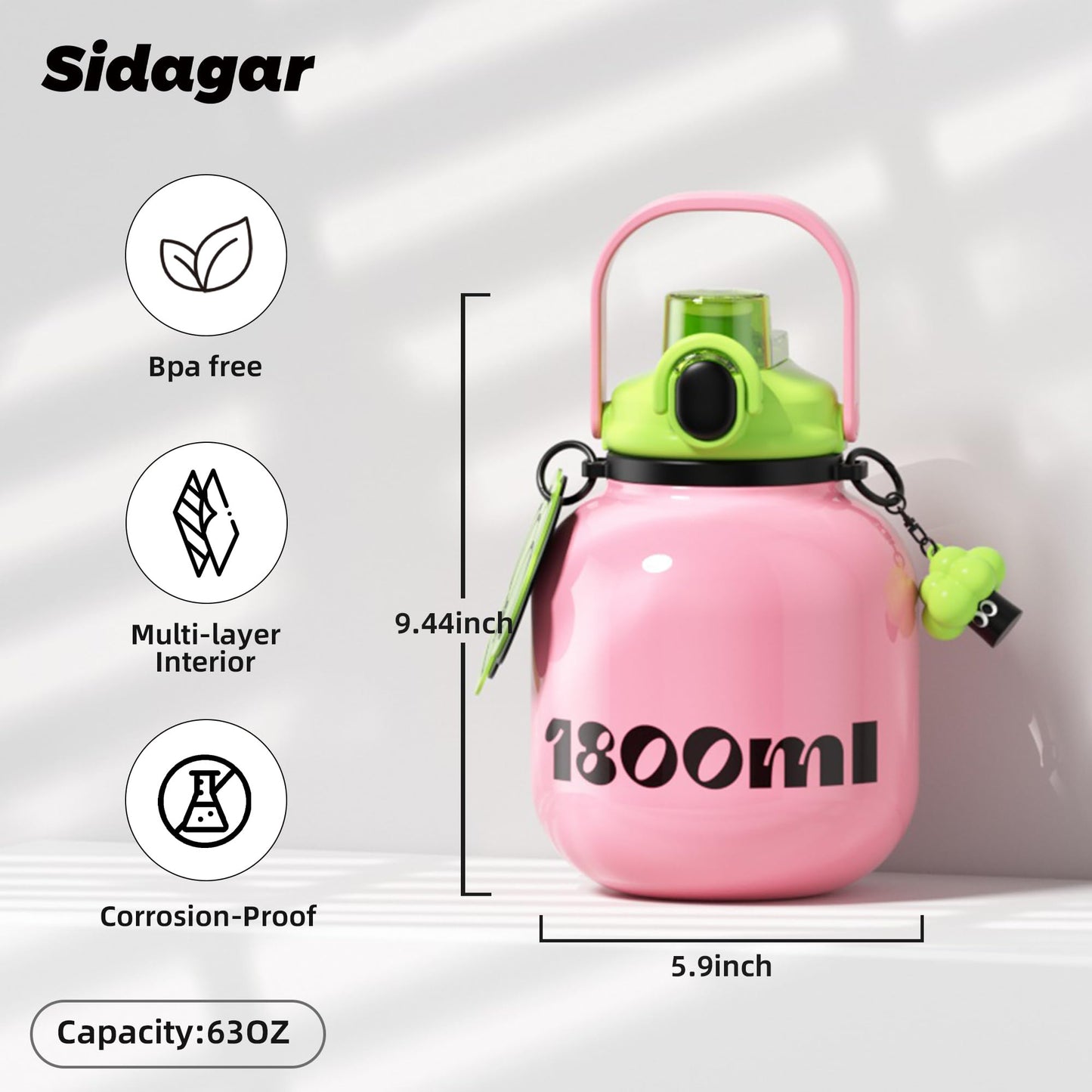 Sidagar 60 oz Half Gallon Insulated Water Bottle with Handle, 316 Stainless Steel Leakproof Large Travel Flask with Cute Doll Charm, Aesthetic Strawberry Pink Gift for Women Girl