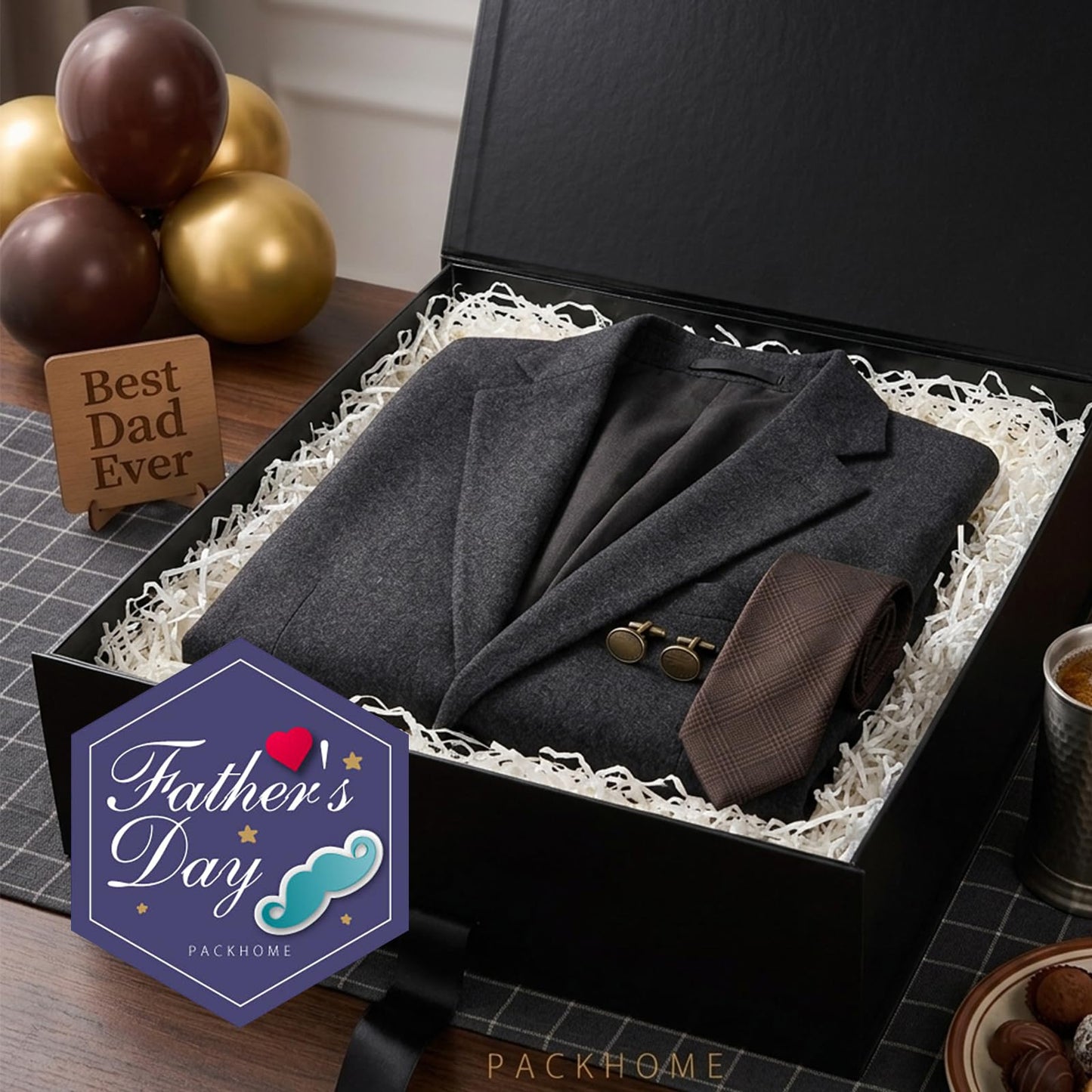 PACKHOME 16.3x14.2x5 Inches, 3 Extra Large Gift Boxes with Lids, Gift Boxes for Clothes and Large Gifts (Matte Black with Grain Texture)