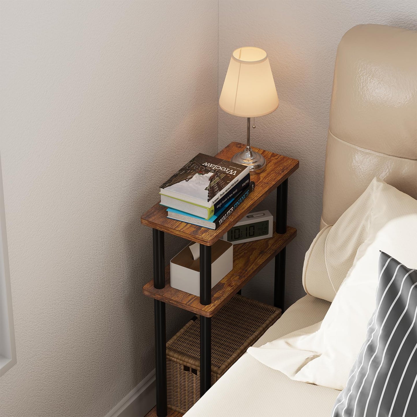 Apicizon Small Narrow Side Table, 3-Tier Skinny End Table for Small Spaces, Slim Nightstand with Storage Shelf, Bedside Table for Living Room, Bedroom, Rustic Brown and Black