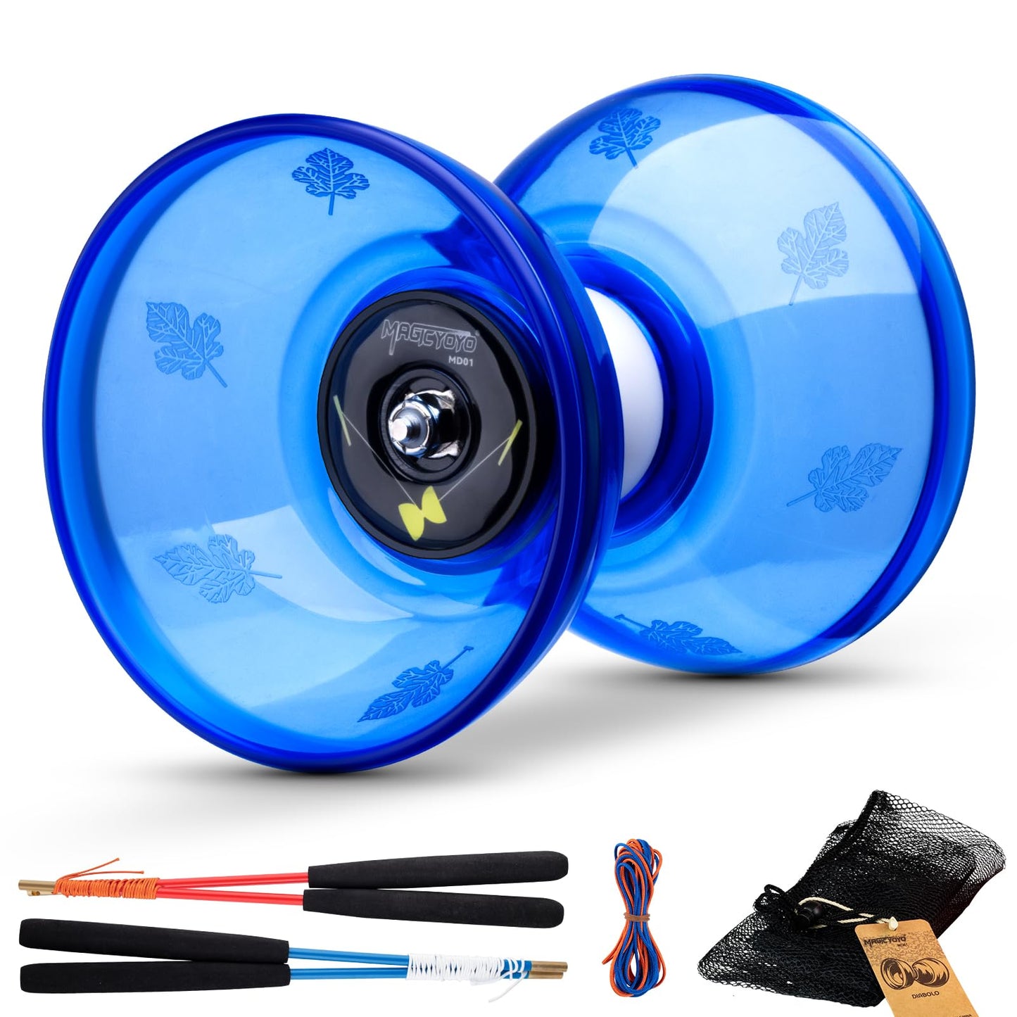 MAGICYOYO Pro Triple Bearing Diabolo Small Size 4” Chinese Yoyo Toy with 2 Pairs Carbon Sticks+ 2 Extra Strings +1 Net Bag, High Performance Chinese Yoyo Diabolo Skill Toy (Blue)
