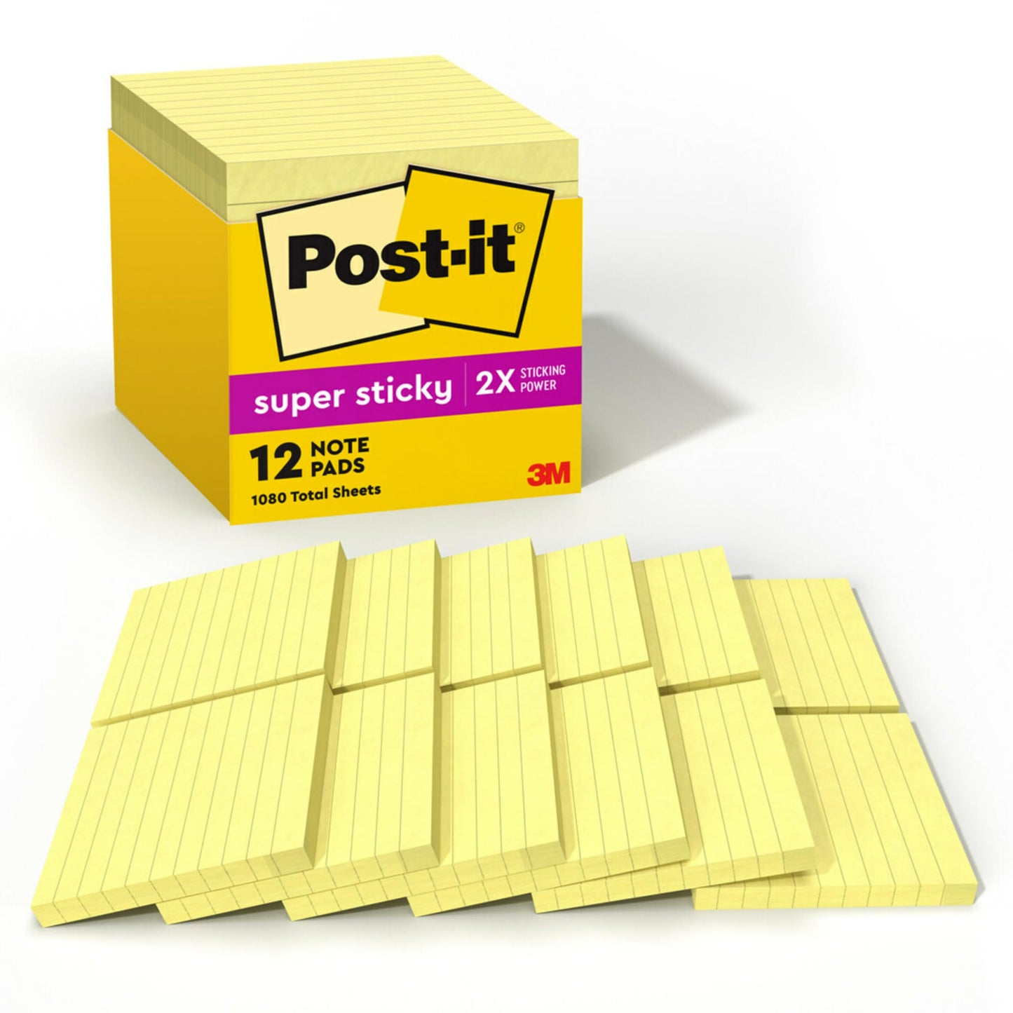 Post-it Super Sticky Notes, 4x4 in, 12 Pads, 2x the Sticking Power, Canary Yellow, (675-12SSCP)