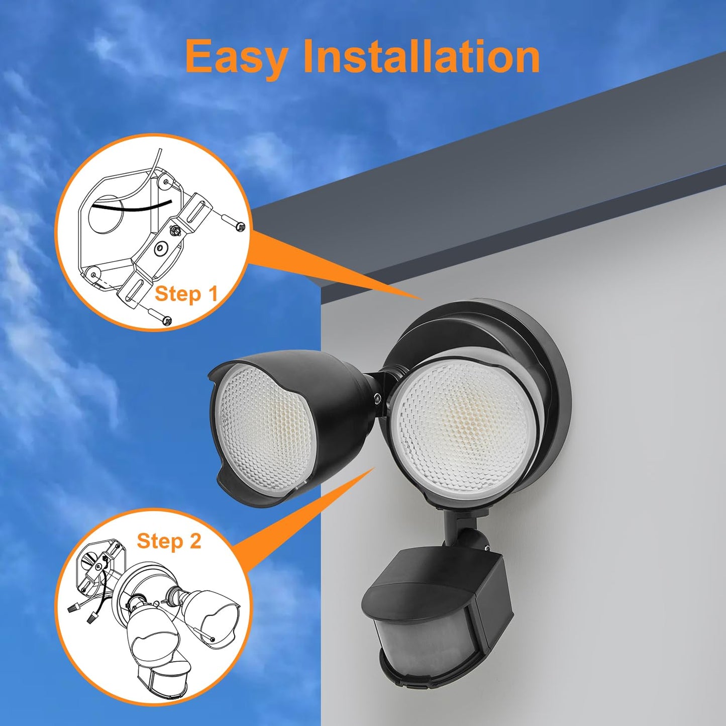 CELAVY 15W 1500 Lumen LED Security Lights with Motion Sensor Outdoor, 3000K/5000K Light, IP65 Waterproof, Dusk to Dawn, Dual-Head Motion Detected Flood Wall Light for Garage Yard Porch (Black)
