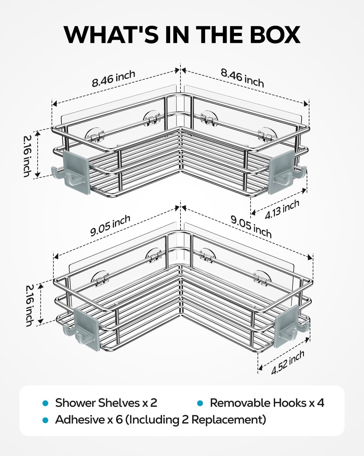 Nieifi Adhesive Corner Shower Caddy Shelf Basket Rack with Hooks, Rust Proof Stainless Steel Bathroom Shelf Shampoo Holder No Drilling 2 Pack（Sliver）