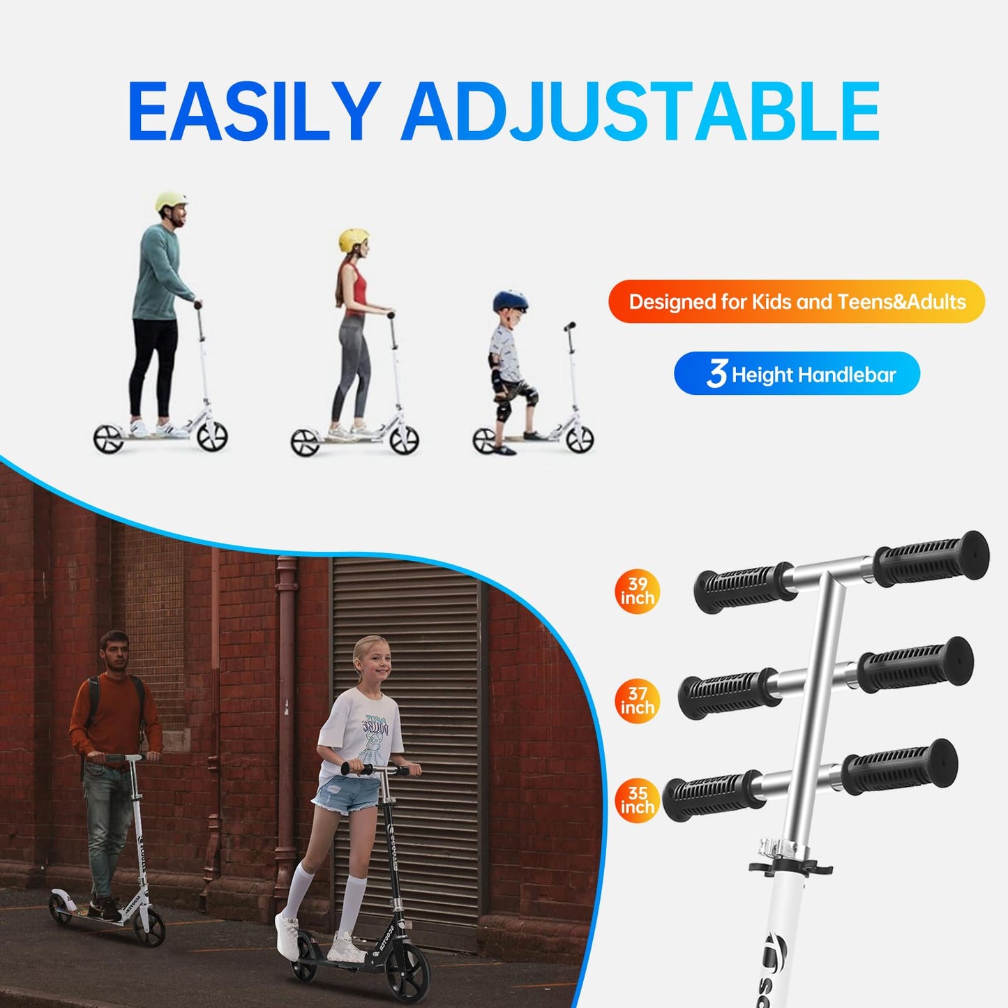 Leefleuy Folding Big Wheel Scooter for Kids Ages 6+,3 Adjustable Levels and Kick Stand,Kids Scooter Age 8-12,City Scooter for Teens & Adults 11-15 (White)