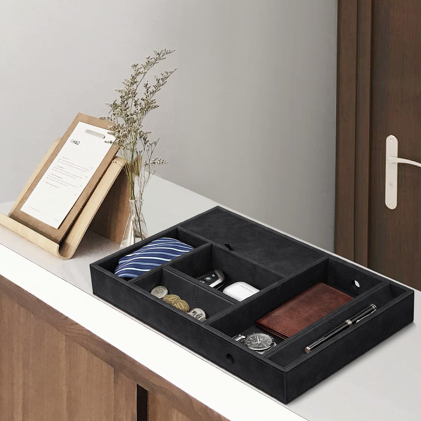 SITHON Desk Organizer - Eight Compartments Universal PU Leather Tray Cosmetic Tray Coin Key Box Jewelry Organizer Black