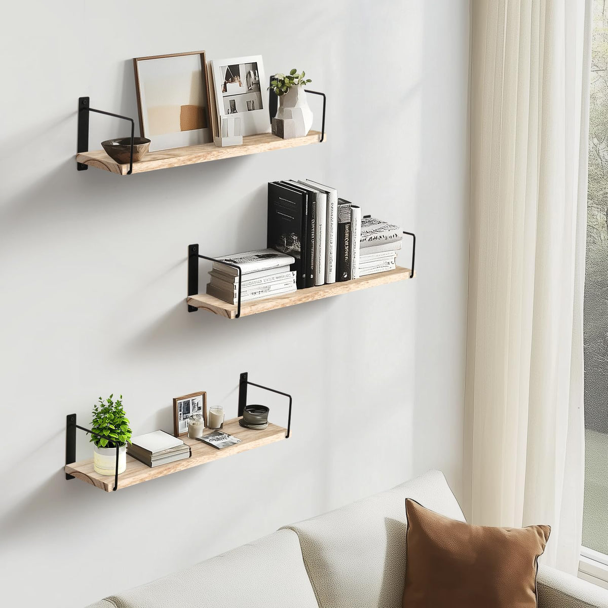 Floating Shelves Set of 3-24 Inch Rustic Wood Wall Shelves for Bedroom, Bathroom, Kitchen - Farmhouse Wall-Mounted Storage Shelves (Wood)