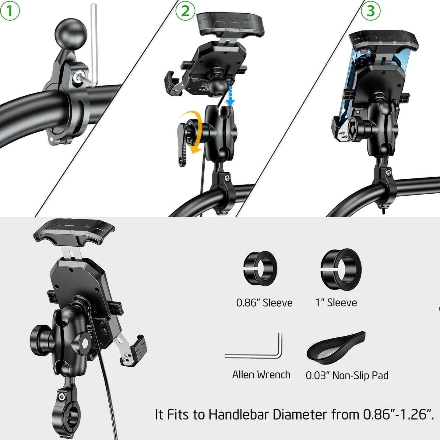 iMESTOU Anti-Thief Motorcycle Wireless Phone Mount Charger 15W & USB C 3A Handlebar 1" Ball Stem Phone Holder Works with 12V/24V Vehicle/USB Socket Quick Charge for 4.0-7.0" Cellphones