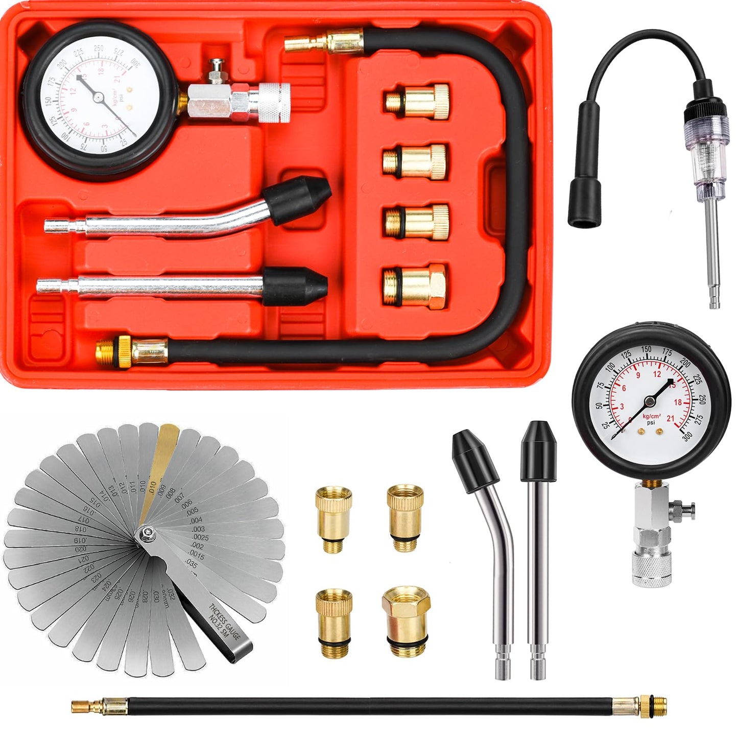 BEAUGIREW 10 Pieces Automotive Compression Tester kit with Spark Plug Tester and Metric Imperial Feeler Gauge for Car Motorcycle Truck with M10 M12 M14 M18 Adapters ﻿