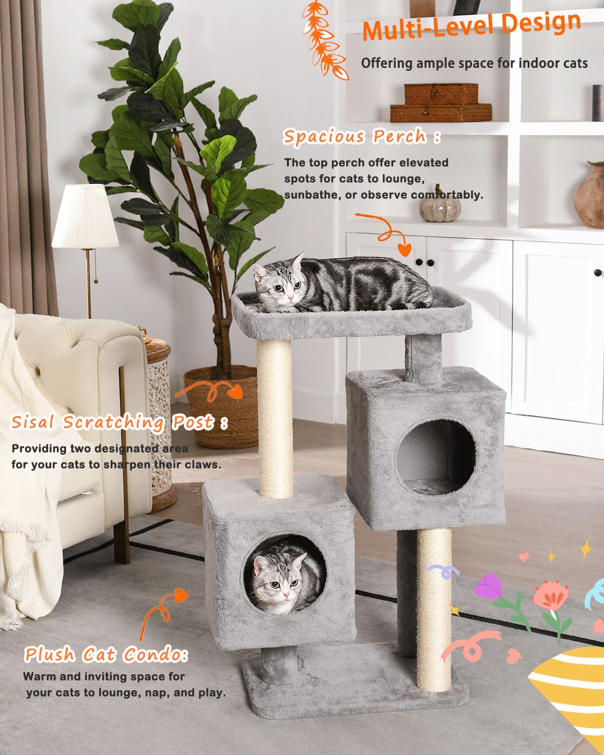 Cat Tree for Indoor Cats, Komicoll 36 Inch Tall Cat Tower with 2 Cat Condos and Large Plush Perch with Sisal Scratching Post,Pom poms Hanging Balls, Cat Climbing for Cats Indoor, Gray