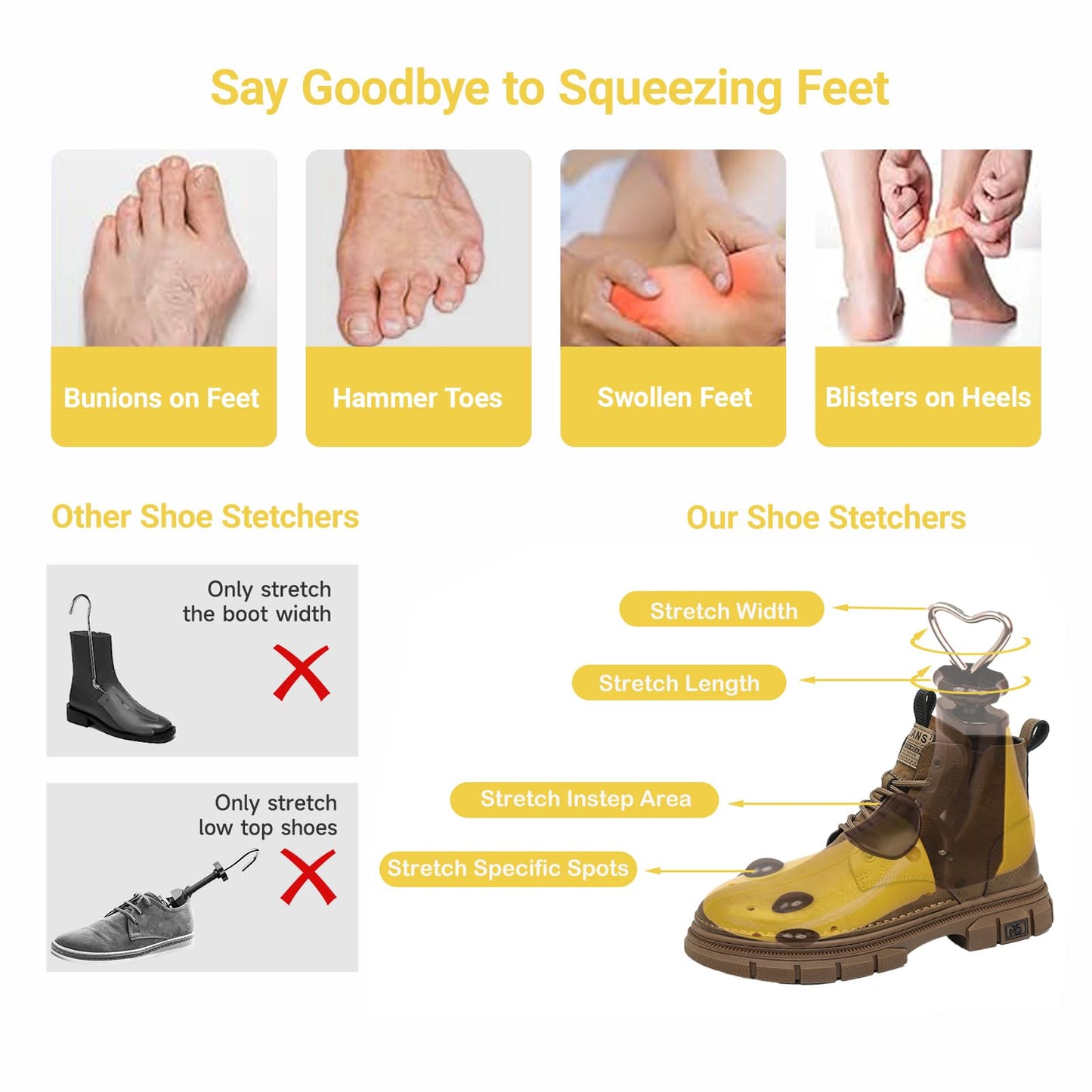 issdem Adjustable Shoe Stretcher for Men Size 9-13, Shoe Widener Stretcher, Shoe Trees for Women Size 6-11 (L (Women's 11-14;men's 10-14) Yellow 2pcs)