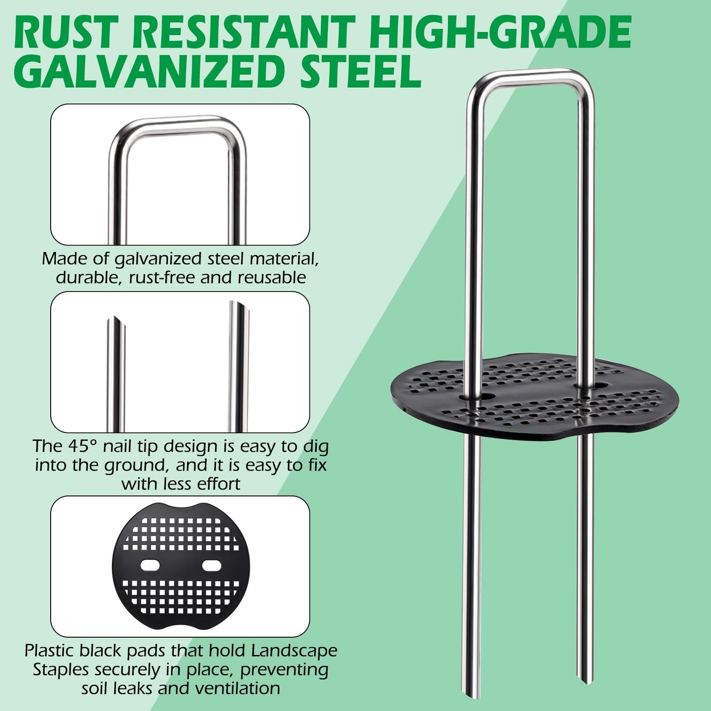 SearQing 500 Pack Landscape Staples and 50 Pack Gaskets,6" Galvanized Steel Garden Staples with Black Pads,Landscape Pins Turf Staples for Securing Weed Barrier Fabric Artificial Grass