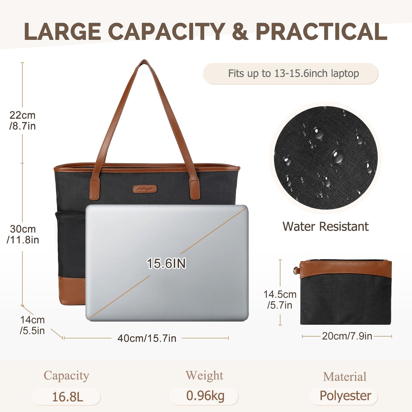 Kasqo Laptop Tote Bag for Women, 15.6 Inch Water Resistant Work Computer Purse Large Shoulder Bag Briefcase Travel Handbag for Office Bussiness with Luggage Sleeve Black and Brown