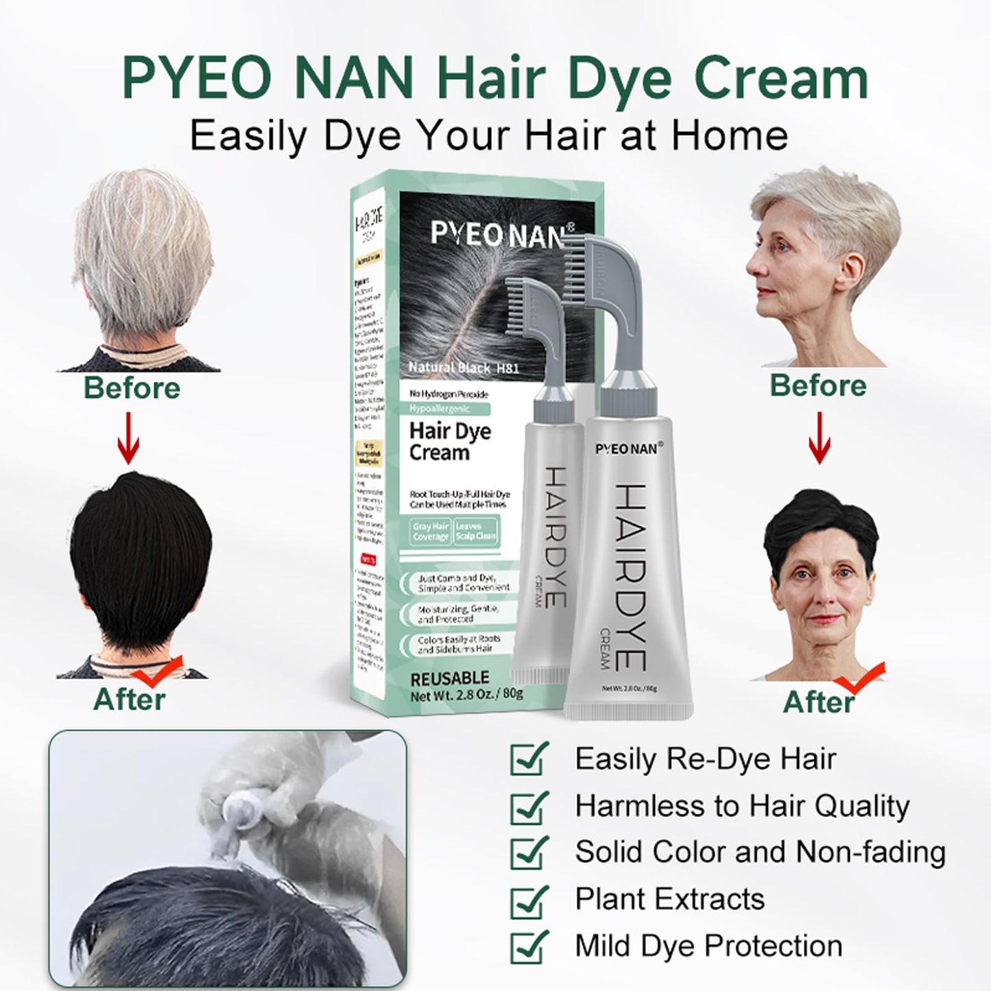PYEONAN Hypoallergenic Hair Dye Cream,Natural Plant Extract Without Bleaching, Easy Comb to Cover Gray Coverage Ammonia Free All Hair Types 2.8Oz. /80g (Natural Black, Pack of 1)