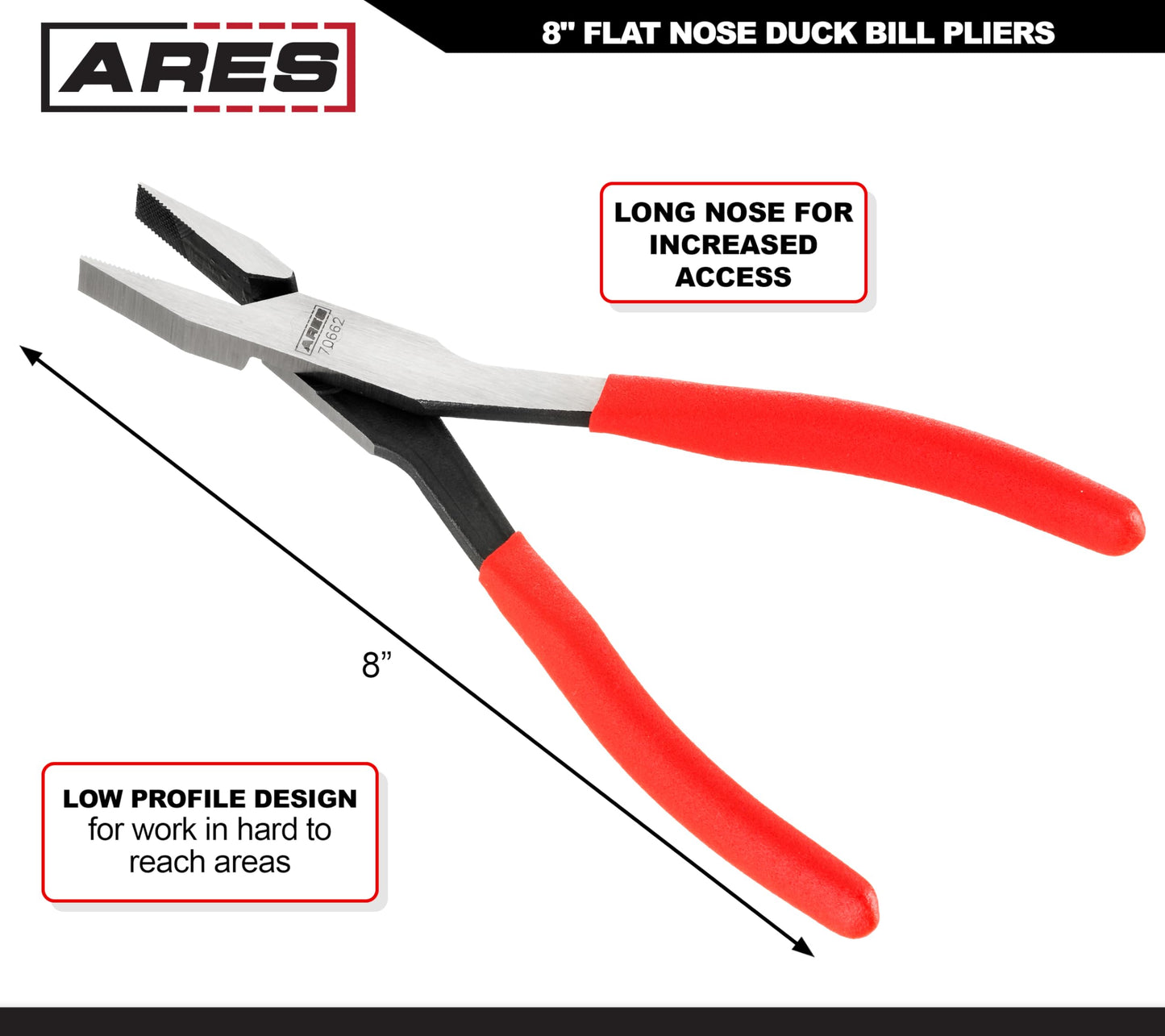 ARES 70662-8-inch Flat Nose Duck Bill Pliers - Cross Cut Teeth for Superior Gripping Power - for Hard to Reach Narrow Spaces & Limited Clearance Areas - Automotive Electrical Work & More