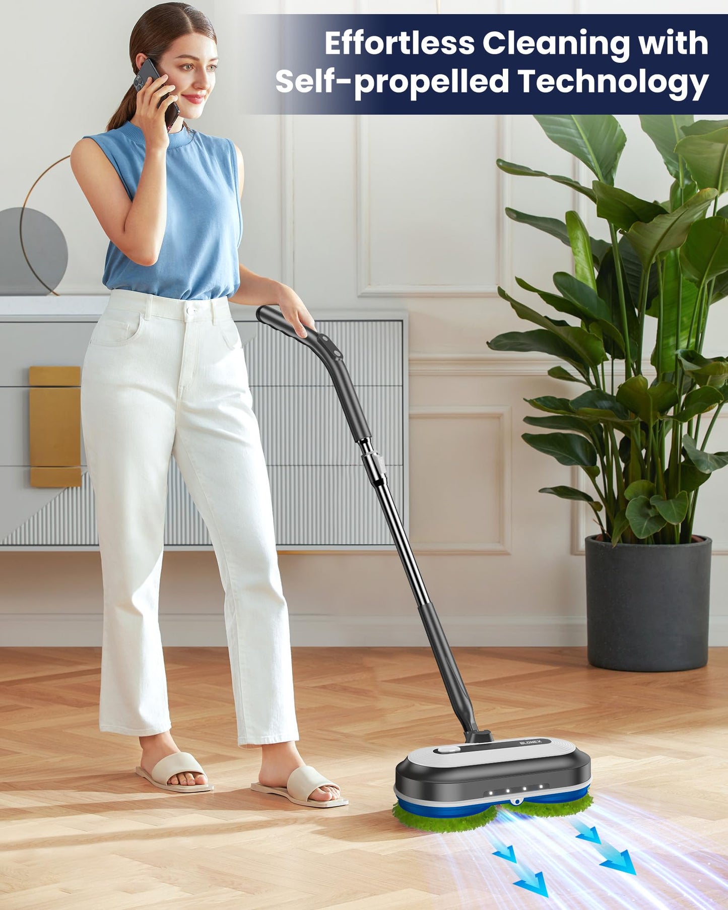 Blonex Cordless Electric Mop, Electric Spin Floor Mop with LED Headlights & Water Sprayer, Long-Lasting Battery, Large 290ml Tank, Self-Propelled Floor Cleaner with Adjustable Tube for All Floors