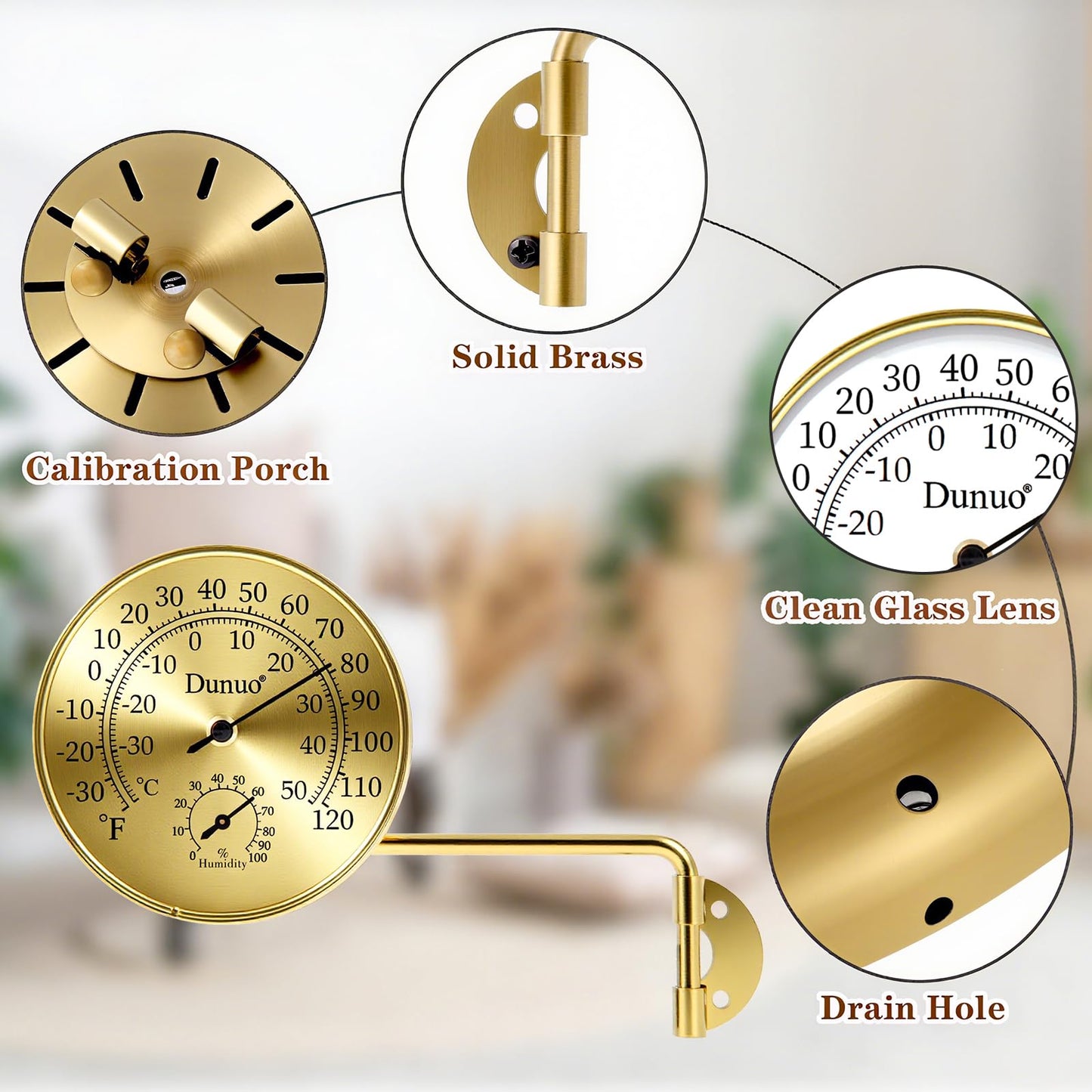 Dunuo 4 Inch Brass Outdoor Thermometer - Analog Temperature Gauge for Patio, Greenhouse, Room, Garage. Solid Brass Swivel Thermometer with Humidity- Golden case (Golden case + Golden dial)