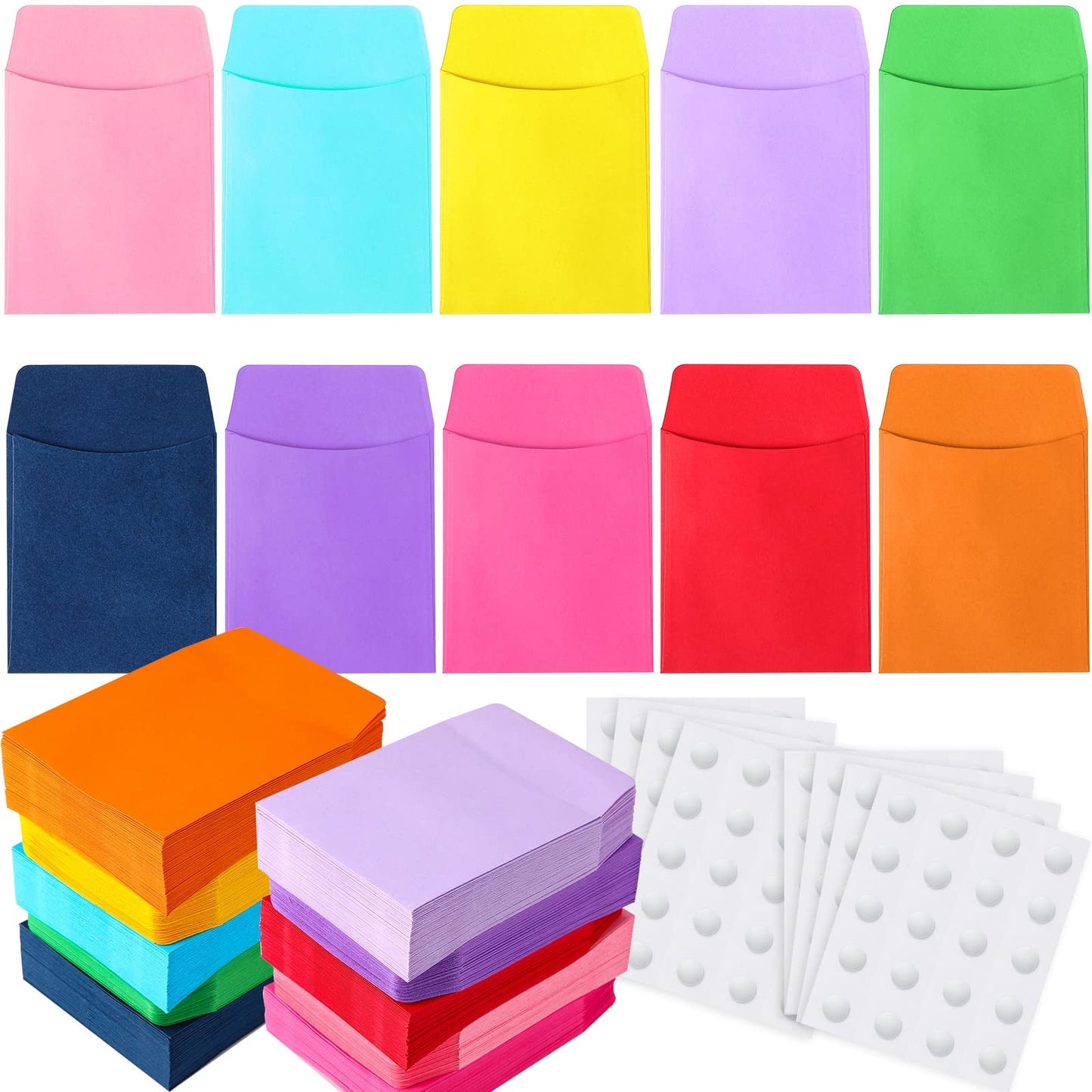 Colarr 500 Pieces Library Card Envelope Library Card Pockets Colorful Small Packet Envelope with 25 Sheets Removable Adhesive Dot for School Public Office Supplies
