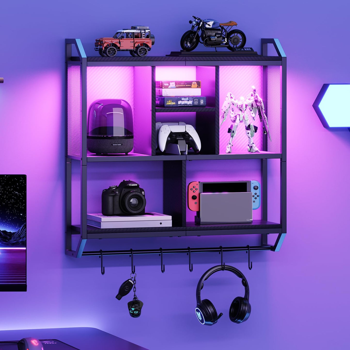 HOOBRO Gaming Floating Shelves with LED Lights, 3-Tier Wall Mounted Shelf for Wall Storage, 75 cm Pipe Shelves Hanging Display Rack, with Hanging Rod and 6 S-Hooks, for Gaming Room, Black BB70DBJ01