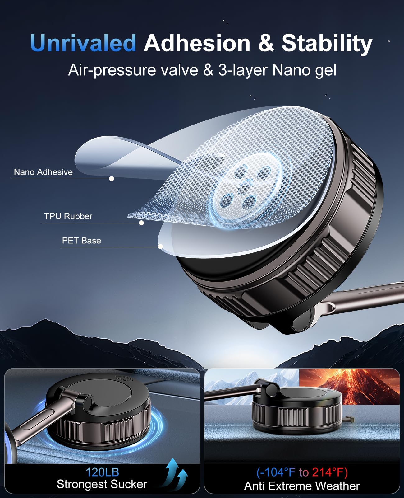15W for MagSafe Car Mount Charger, Magnetic Wireless Car Charger, Strongest Vacuum Suction & Strongest Magnetic, 360° Adjustable Car Phone Holder Mount for iPhone 17 16 15 14 13 12 Series, Samsung S26