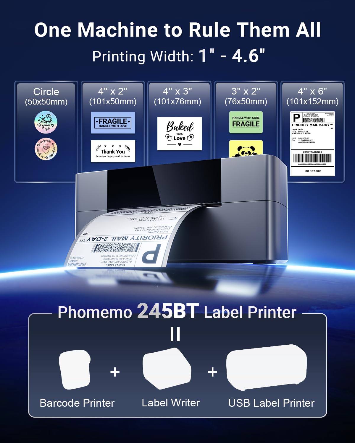 Bluetooth Shipping Label Printer 4x6, Wireless Thermal Label Printer 4x6 for Small Business, 245BT Desktop Label Printer, Compatible with Android, macOS, Canada Post, TikTok, Amazon, Shopify