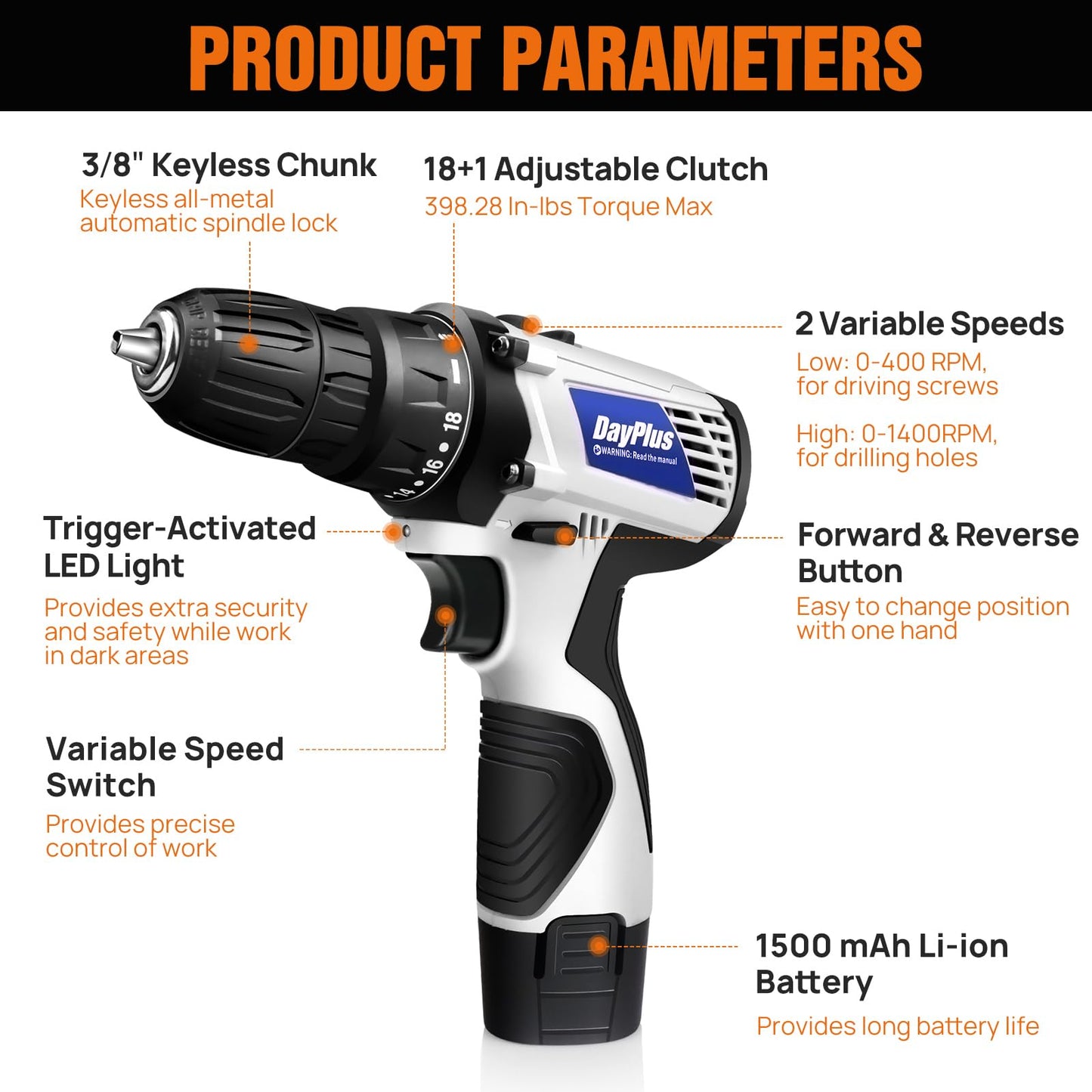 16.8v Cordless Power Drill Combi Driver Electric Screwdriver Tools Kit,2 Variable Speed 18+1 Torque Setting,23pcs Drill/Driver Bits