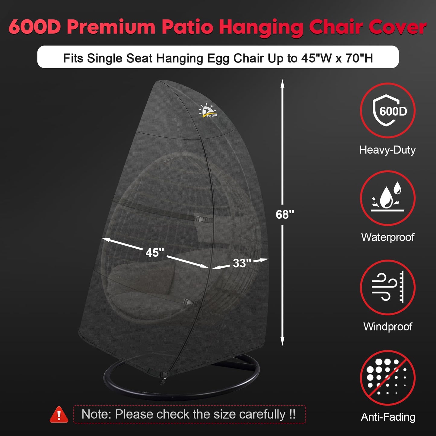 Zettum Egg Chair Cover, Single Seat Hanging Egg Chair Cover, Waterproof Outdoor Hanging Chair Cover, 600D Heavy Duty Cover for Patio Wicker Swing Egg Chair, 45 x 33 x 68 Inch