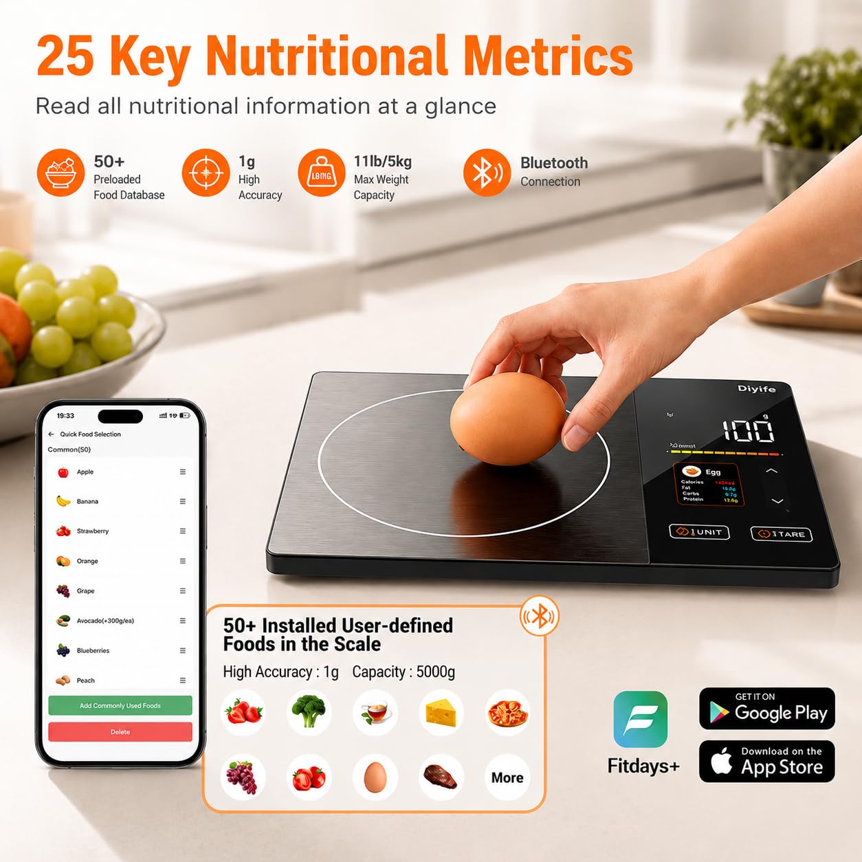 Smart Food Scale with Nutritional Calculator, [TFT Colorful Display] 5kg Nutrition Scale with App, 25 Nutrients Tracking, Calorie, Macro, Keto, Weight Loss, Tare, 5 Units for Meal Prep & Baking