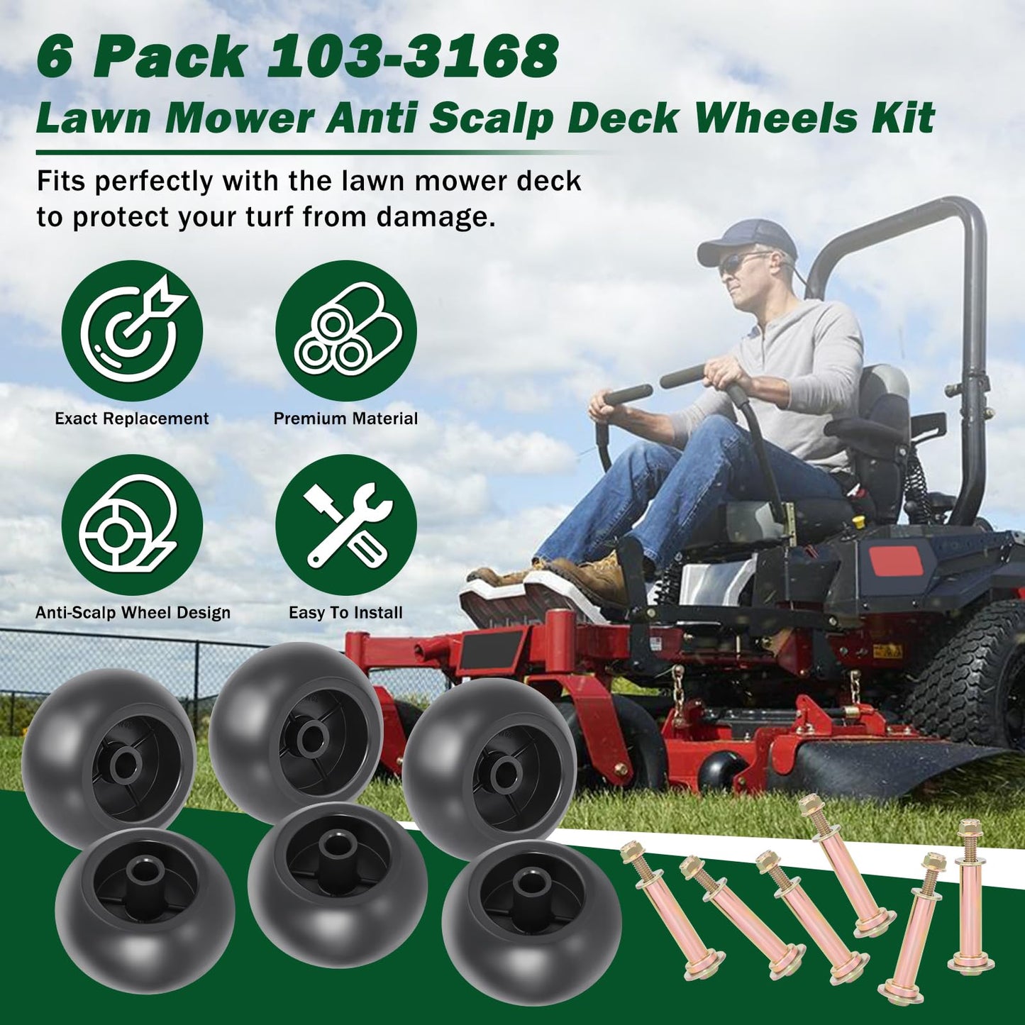 CheeMuii 6 Pack Anti Scalp Mower Deck Wheel Kit 5/8" Bore Lawn Mower Deck Wheels Replace for Bad Boy 022-5234-98 Replace for Exmark 103-4051 103-7263 Etc