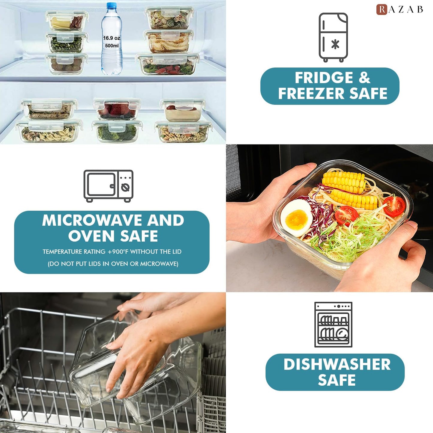 Razab 24 Pc Glass Food Storage Containers with lids Airtight & Leakproof - Reusable Glass Meal Prep Containers for Lunch and Leftovers - Oven, Freezer, Microwave & Dishwasher Safe