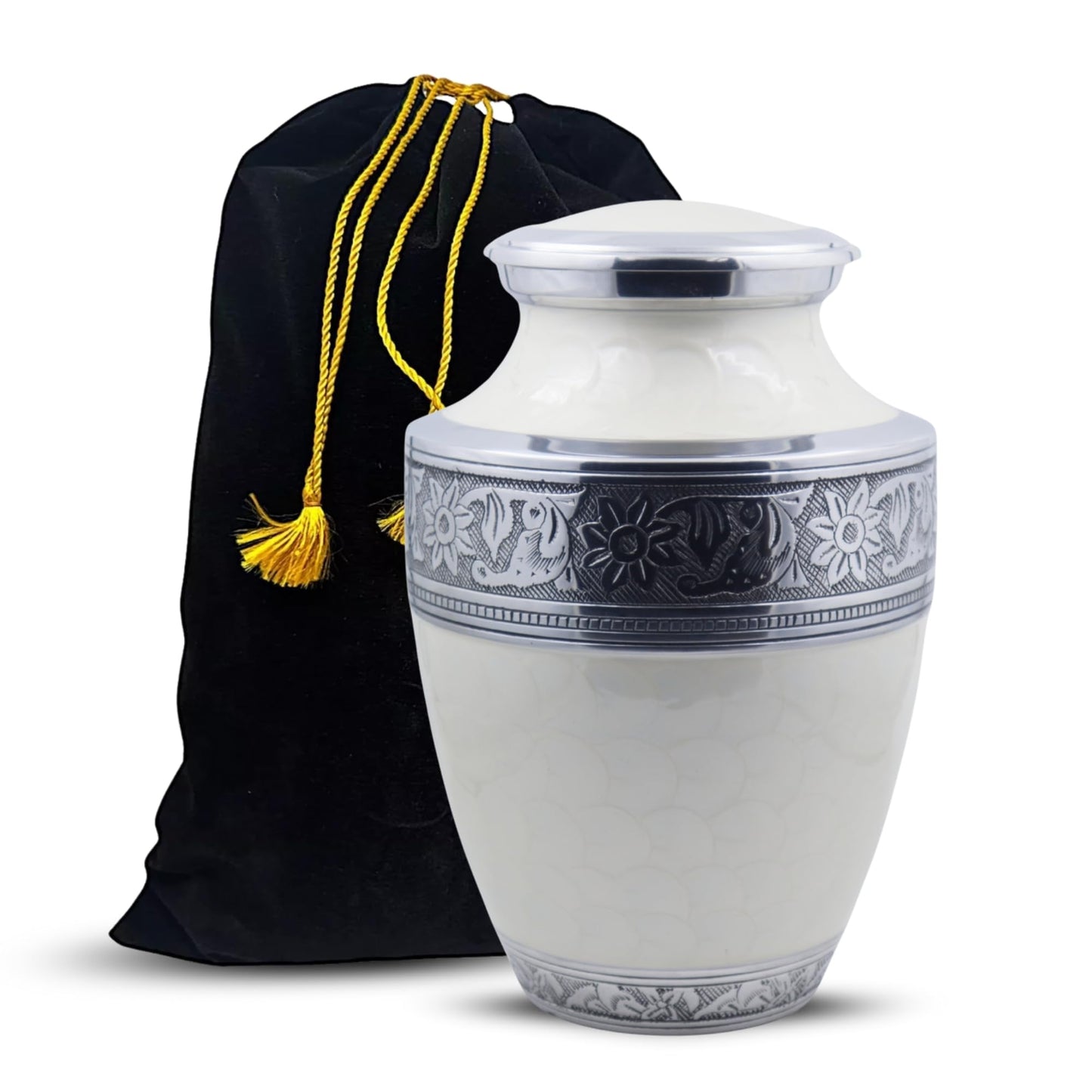 Hind Handicrafts Silver Engraved Cremation Urn - Adult Funeral Urn - Pearl White - Floral Pattern - 7" x 7" x 10" - 200 cubic inches