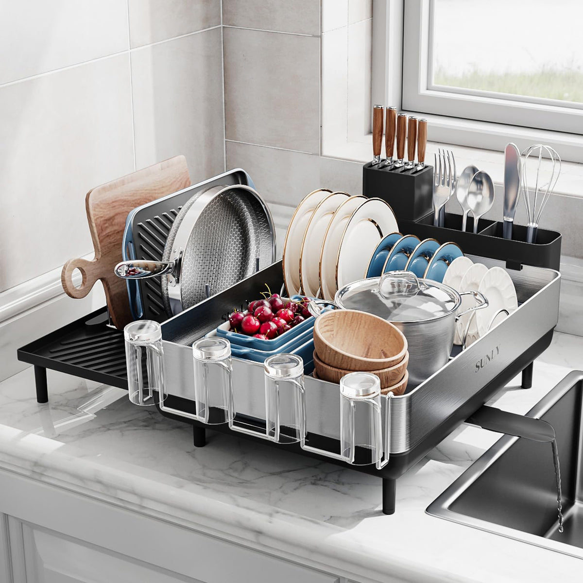 SUNLY Large Dish Drying Rack, for Kitchen Counter, Space Saving 304 Stainless Steel Dish Racks with Drain Board, Extra Large Dish Drainer with Multifunctional Flip Up Pegs, Black