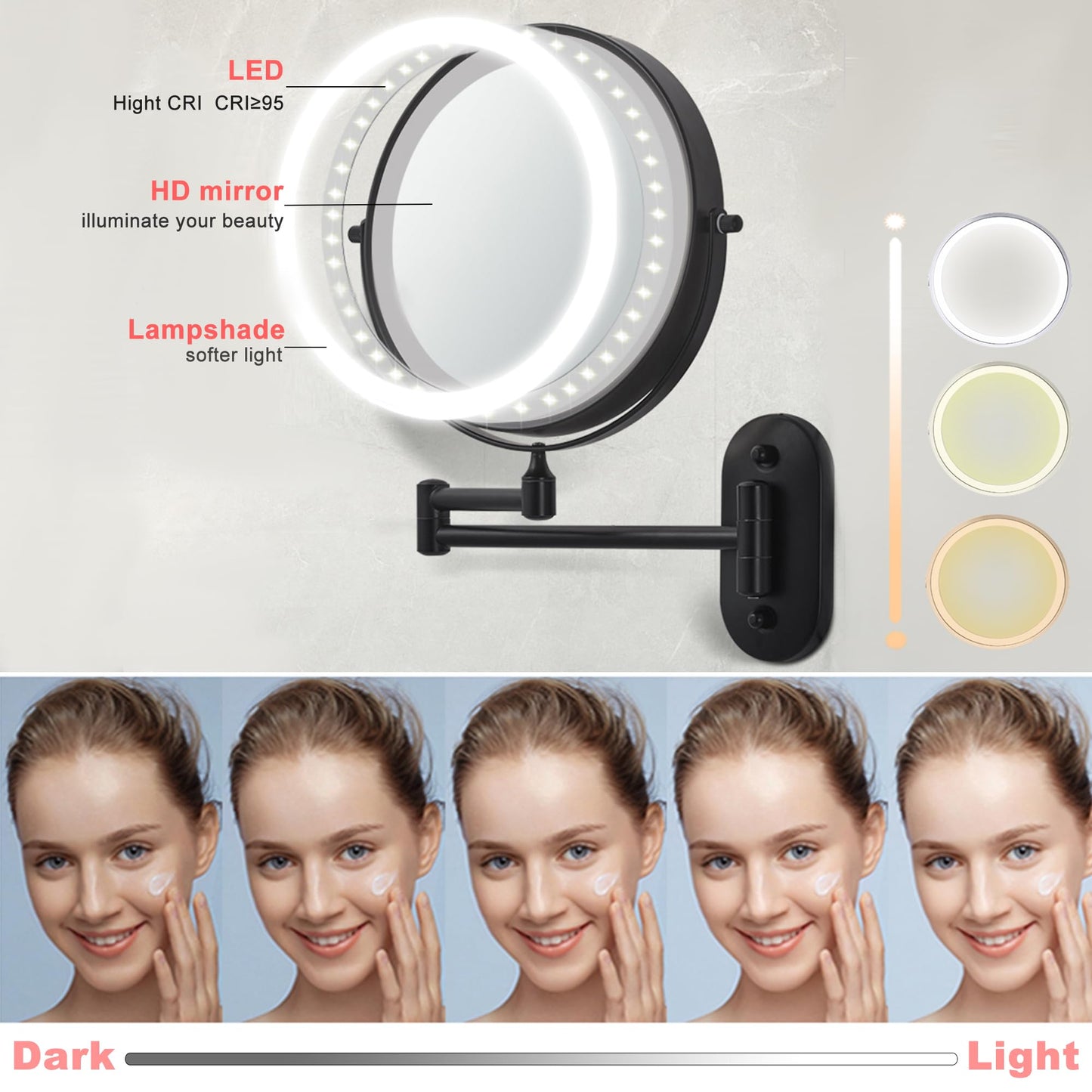 TUSHENGTU 8“Wall Mounted Makeup Mirror with Light 10x Magnifying for Vanity, Bathroom, and Shaving - USB Rechargeable,Adjustable Brightness and Color Temperature (Black-10X)