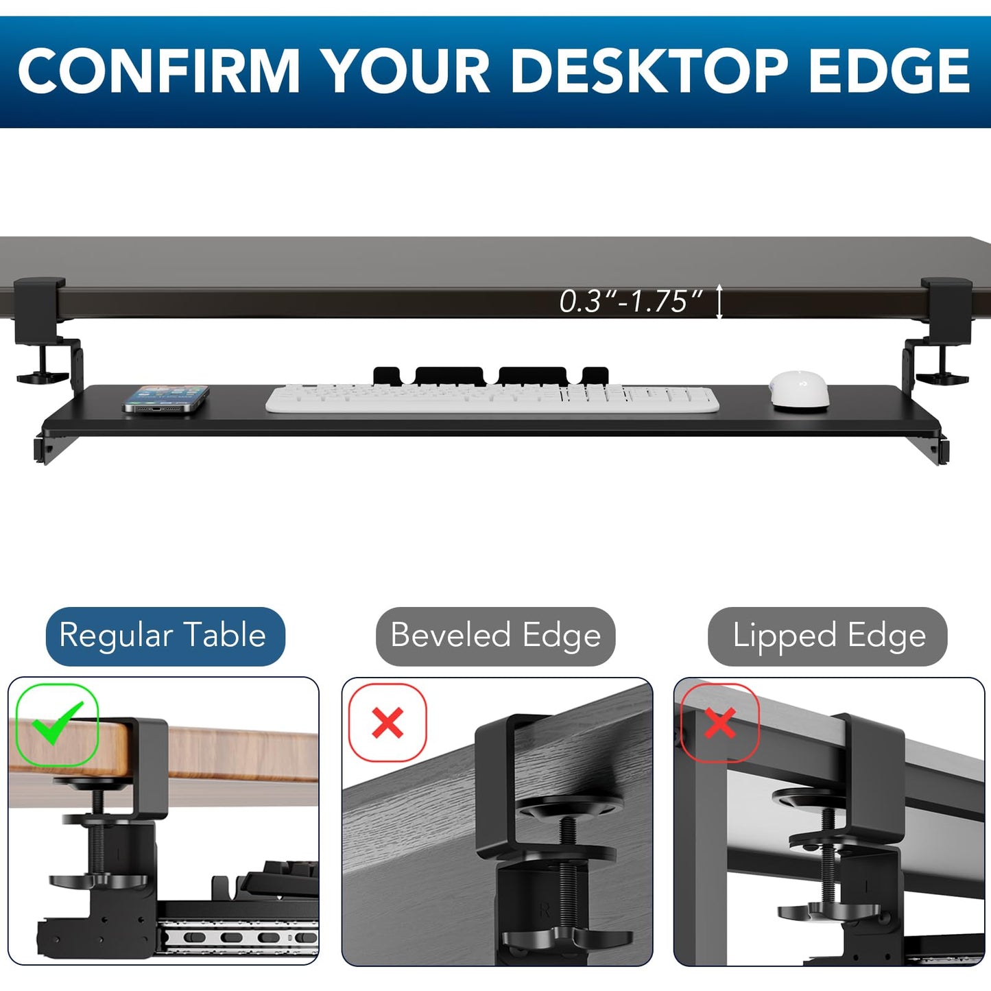 AX WABER Keyboard Tray Under Desk Pull Out with Extra Sturdy Adjustable C Clamp Mount System, 27.3 (32.5 inch Including Clamps) x 11 Inch Slide-Out Platform Computer Drawer for Typing