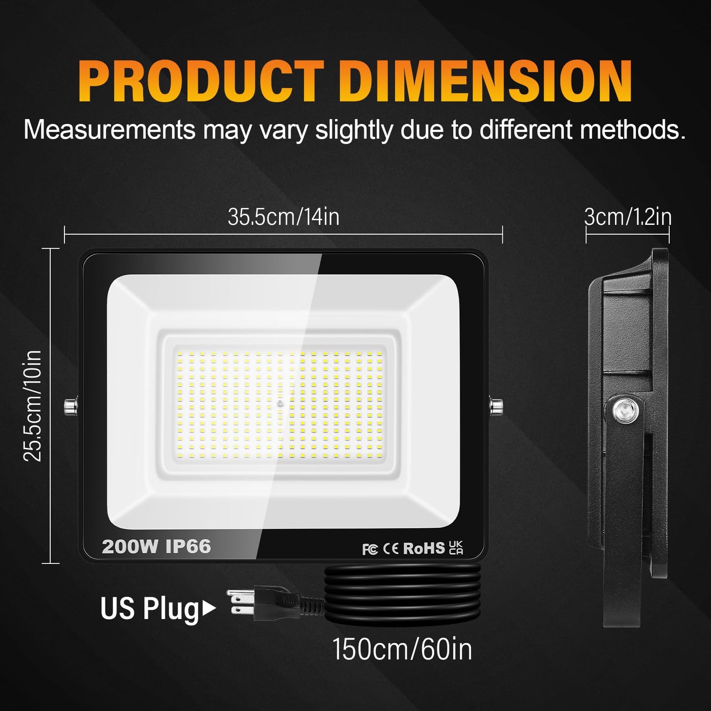 YOJZMA LED Flood Lights Outdoor 200W 20000 lm Bright Security Light with Plug IP66 Waterproof 6000K Cool White Job Site Work Lamp for Factory Garage Garden Playground Yard Lawn Patio